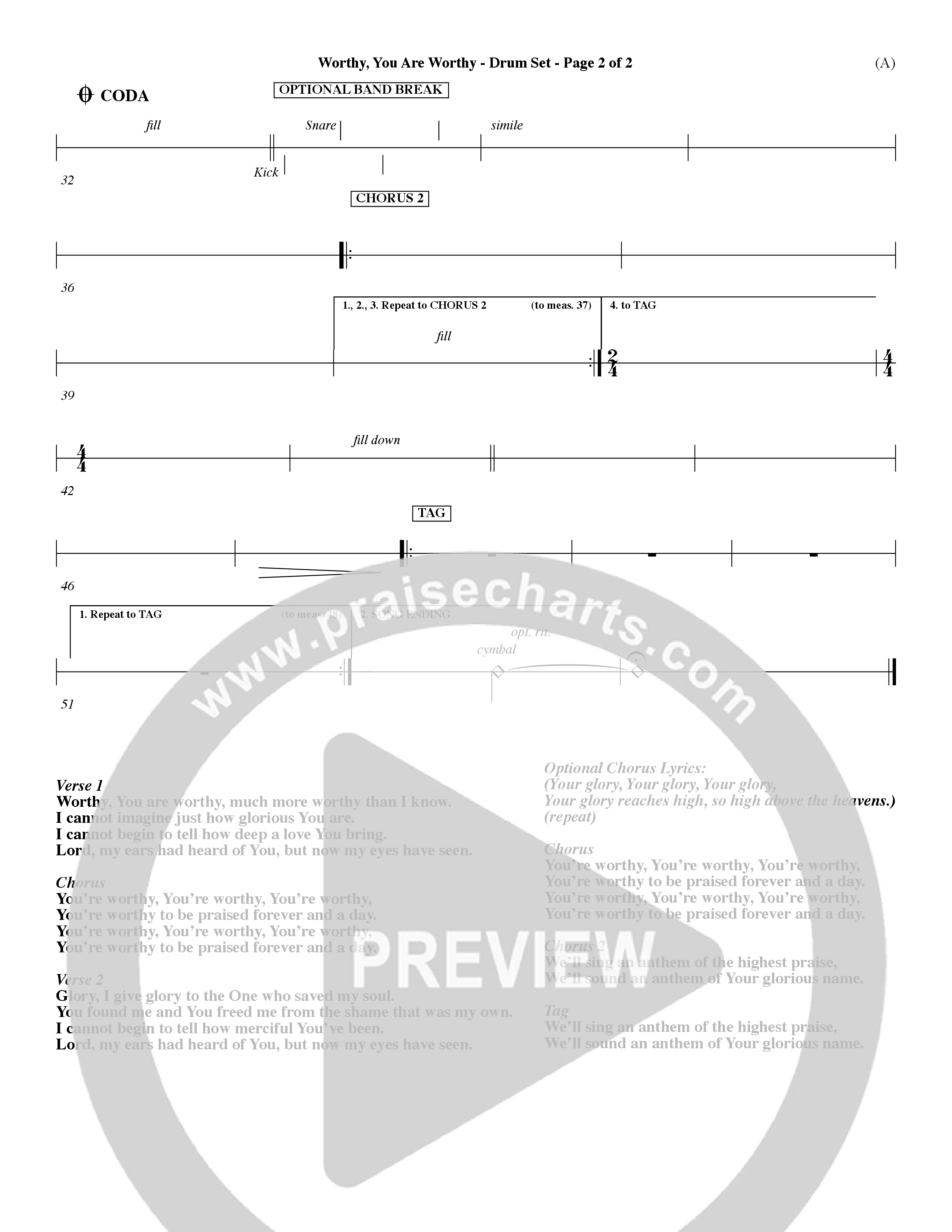 Worthy (Choral Anthem SATB) Drum Set (Word Music / Orch. Dave Williamson)