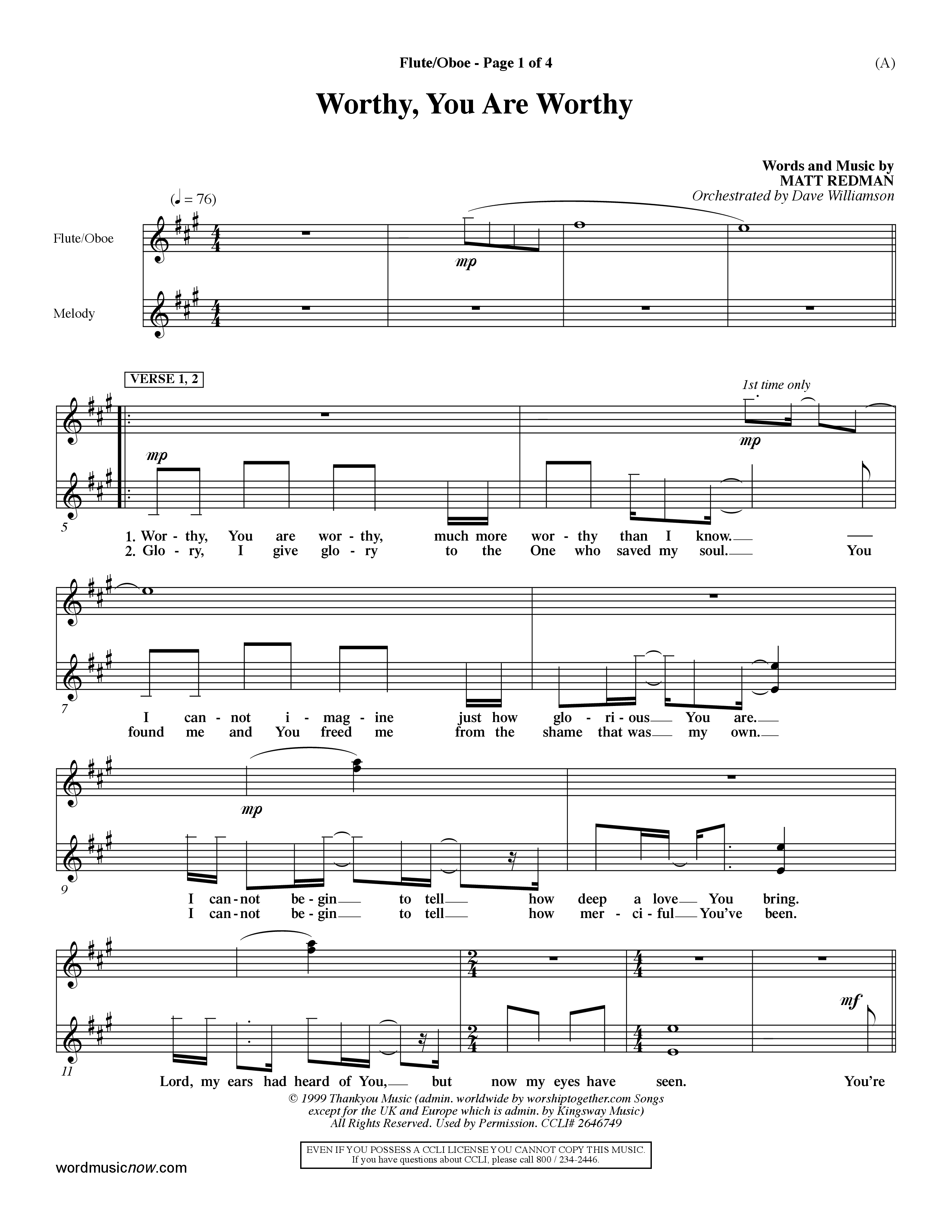 Worthy (Choral Anthem SATB) Flute/Oboe (Word Music / Orch. Dave Williamson)