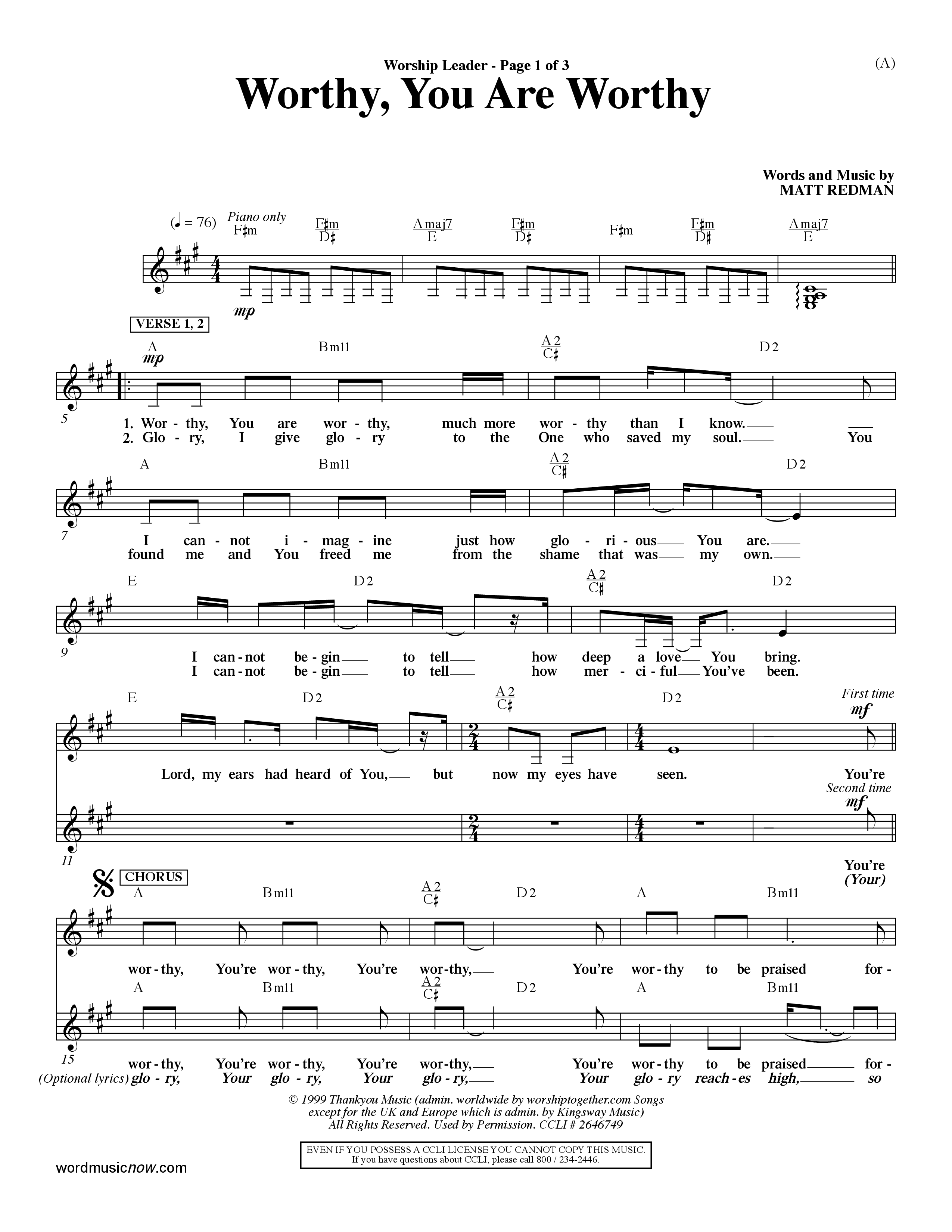 Worthy (Choral Anthem SATB) Lead Sheet (Word Music / Orch. Dave Williamson)
