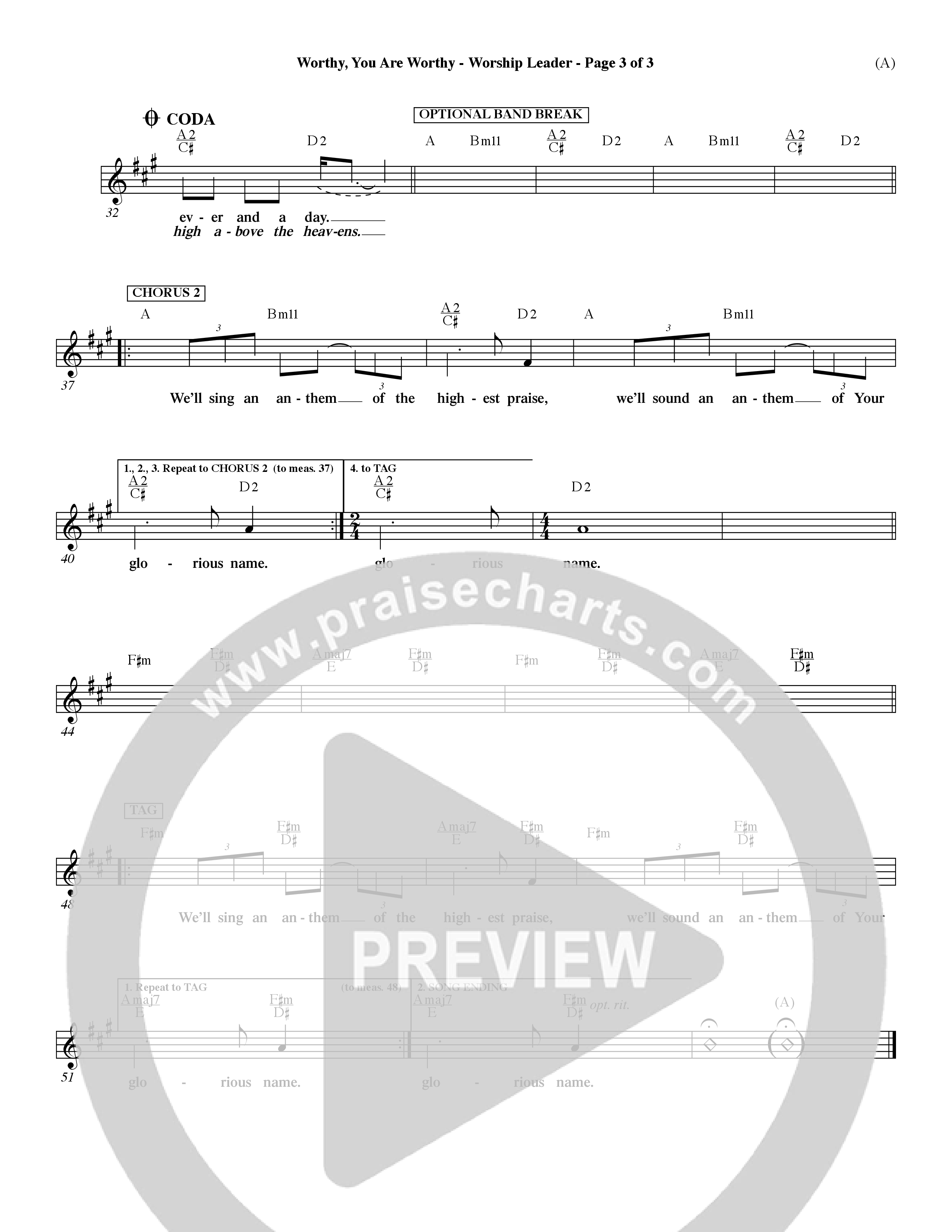 Worthy (Choral Anthem SATB) Lead Sheet (Word Music / Orch. Dave Williamson)