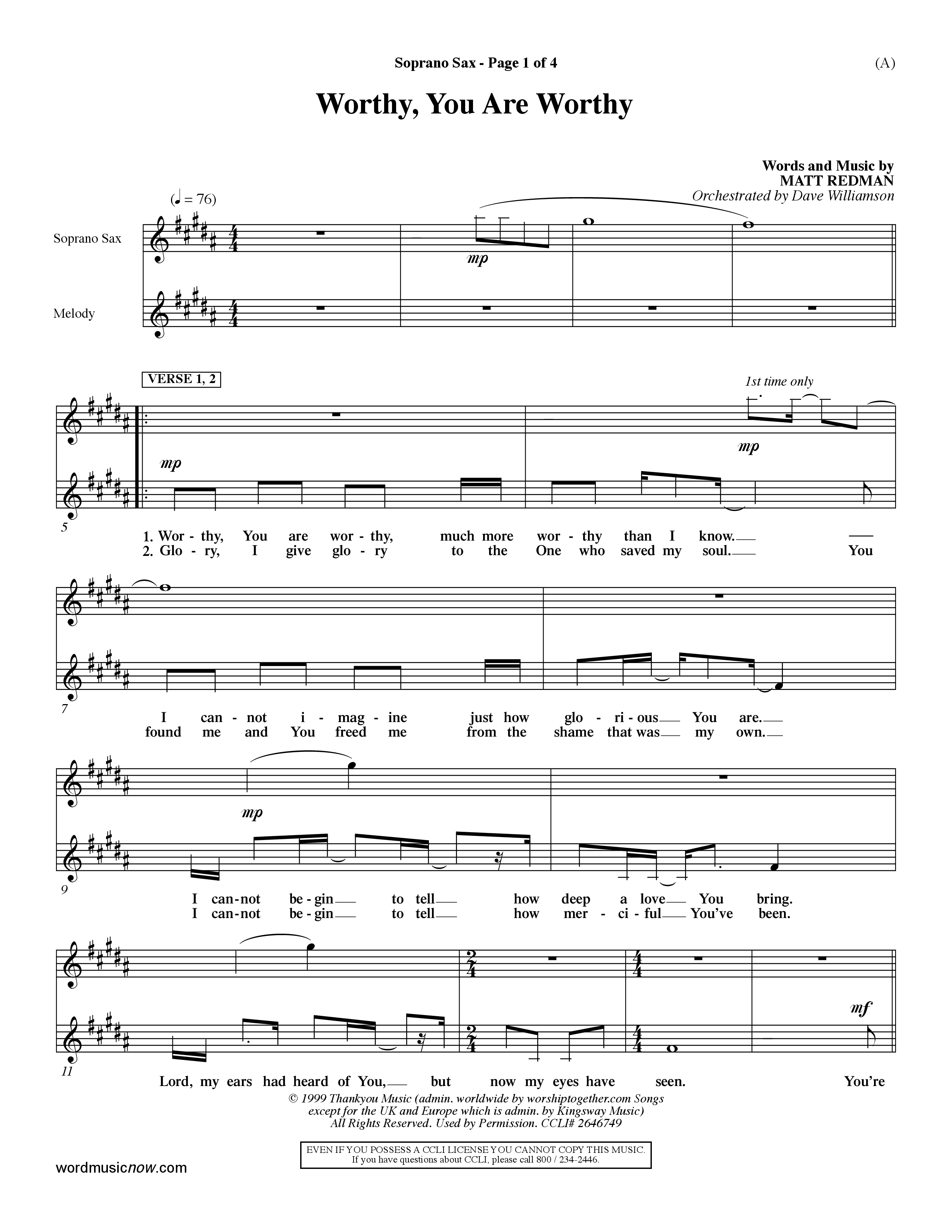 Worthy (Choral Anthem SATB) Saxophone (Word Music / Orch. Dave Williamson)