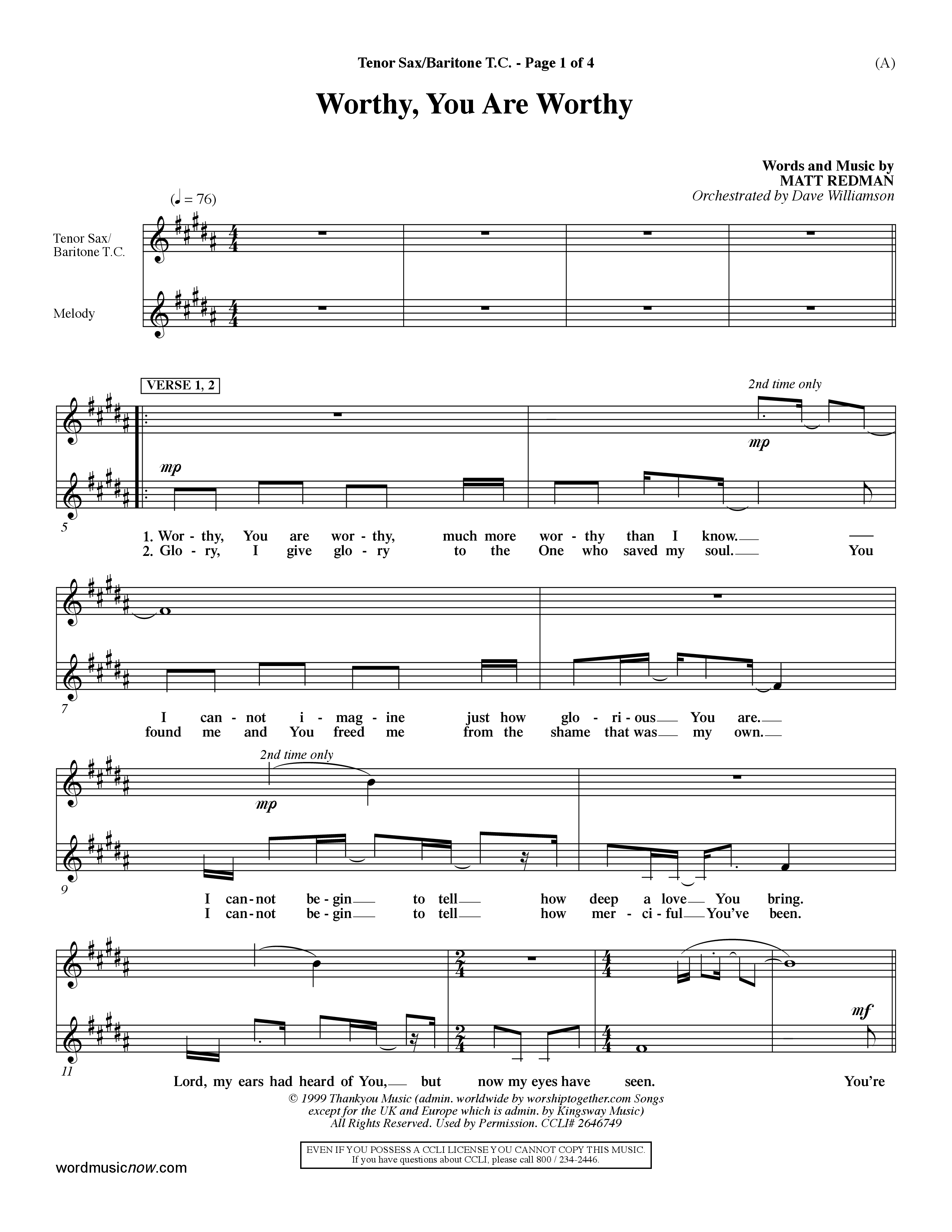 Worthy (Choral Anthem SATB) Tenor Sax/Baritone T.C. (Word Music / Orch. Dave Williamson)
