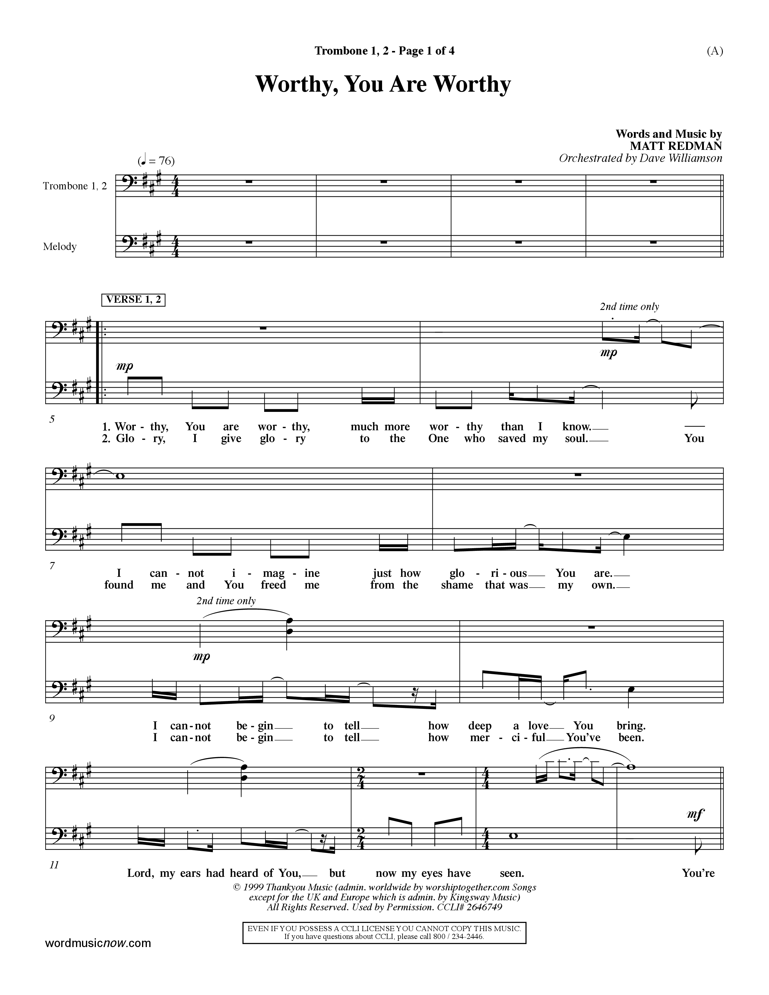 Worthy (Choral Anthem SATB) Trombone 1/2 (Word Music / Orch. Dave Williamson)