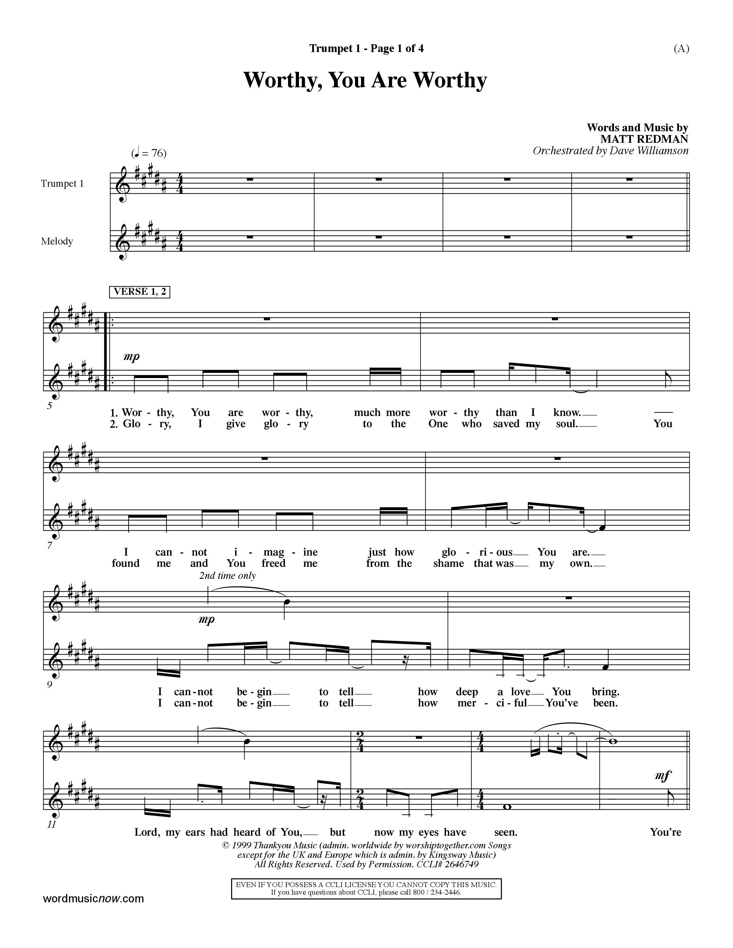 Worthy (Choral Anthem SATB) Trumpet 1 (Word Music / Orch. Dave Williamson)
