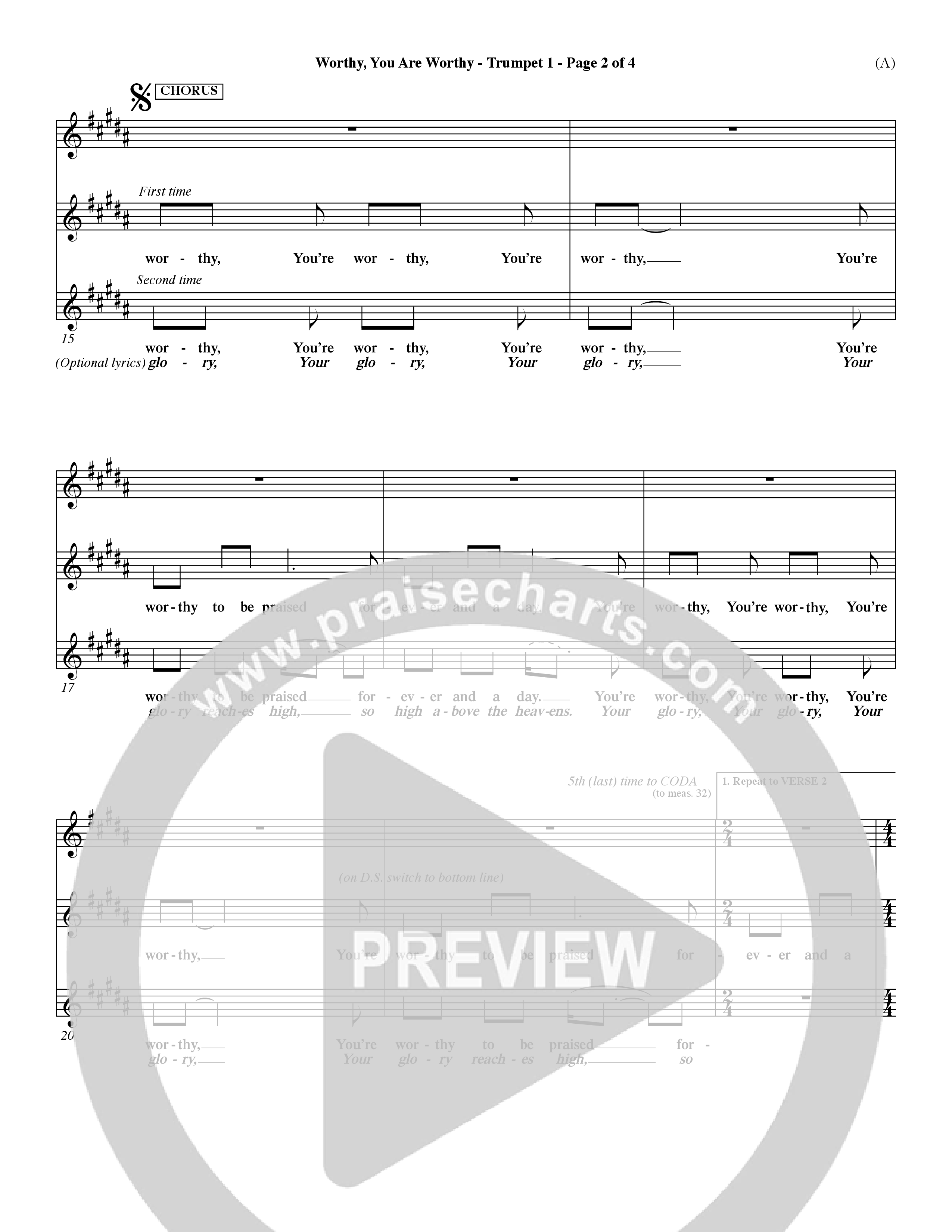 Worthy (Choral Anthem SATB) Trumpet 1 (Word Music / Orch. Dave Williamson)