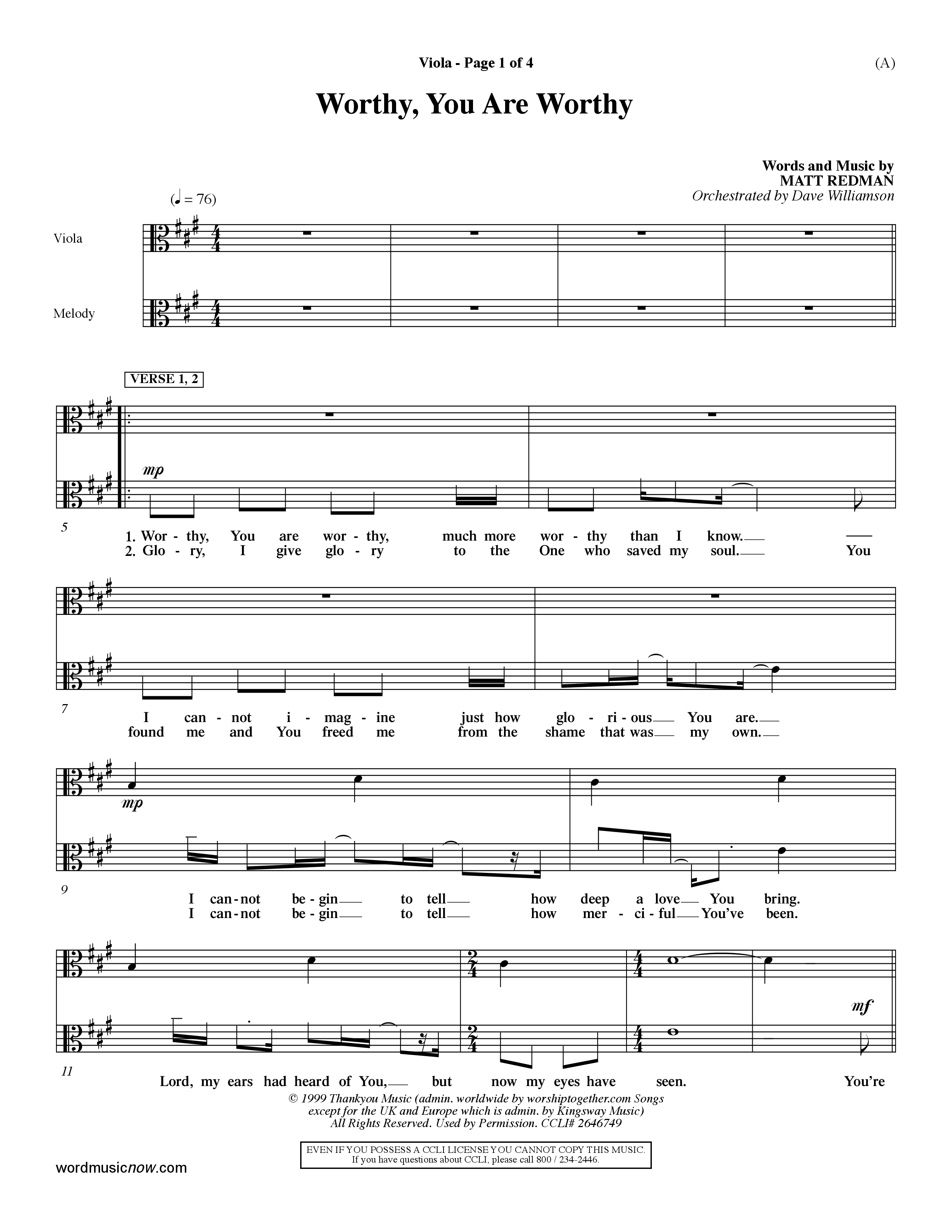Worthy (Choral Anthem SATB) Viola (Word Music / Orch. Dave Williamson)
