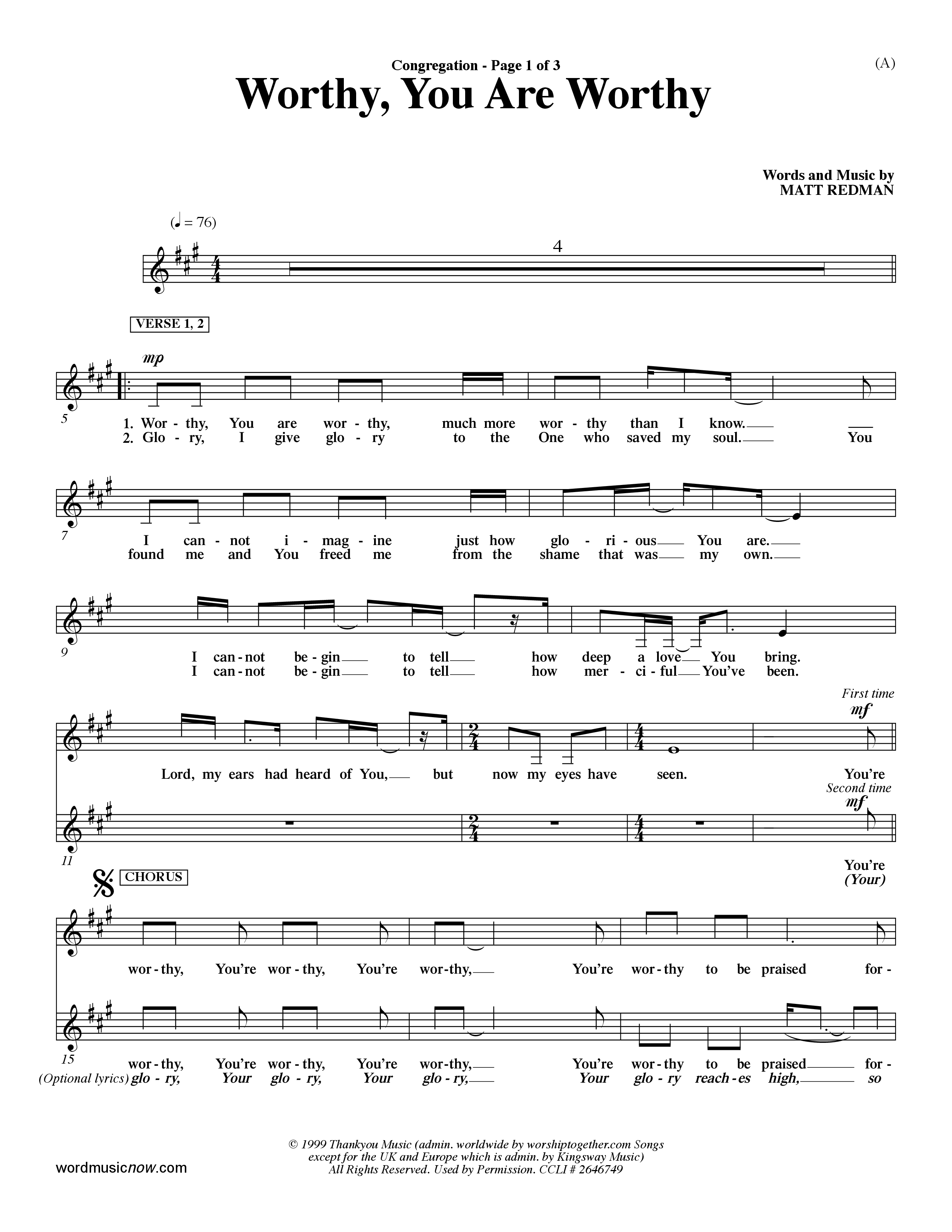 Worthy (Choral Anthem SATB) Vocal Sheet (Word Music / Orch. Dave Williamson)