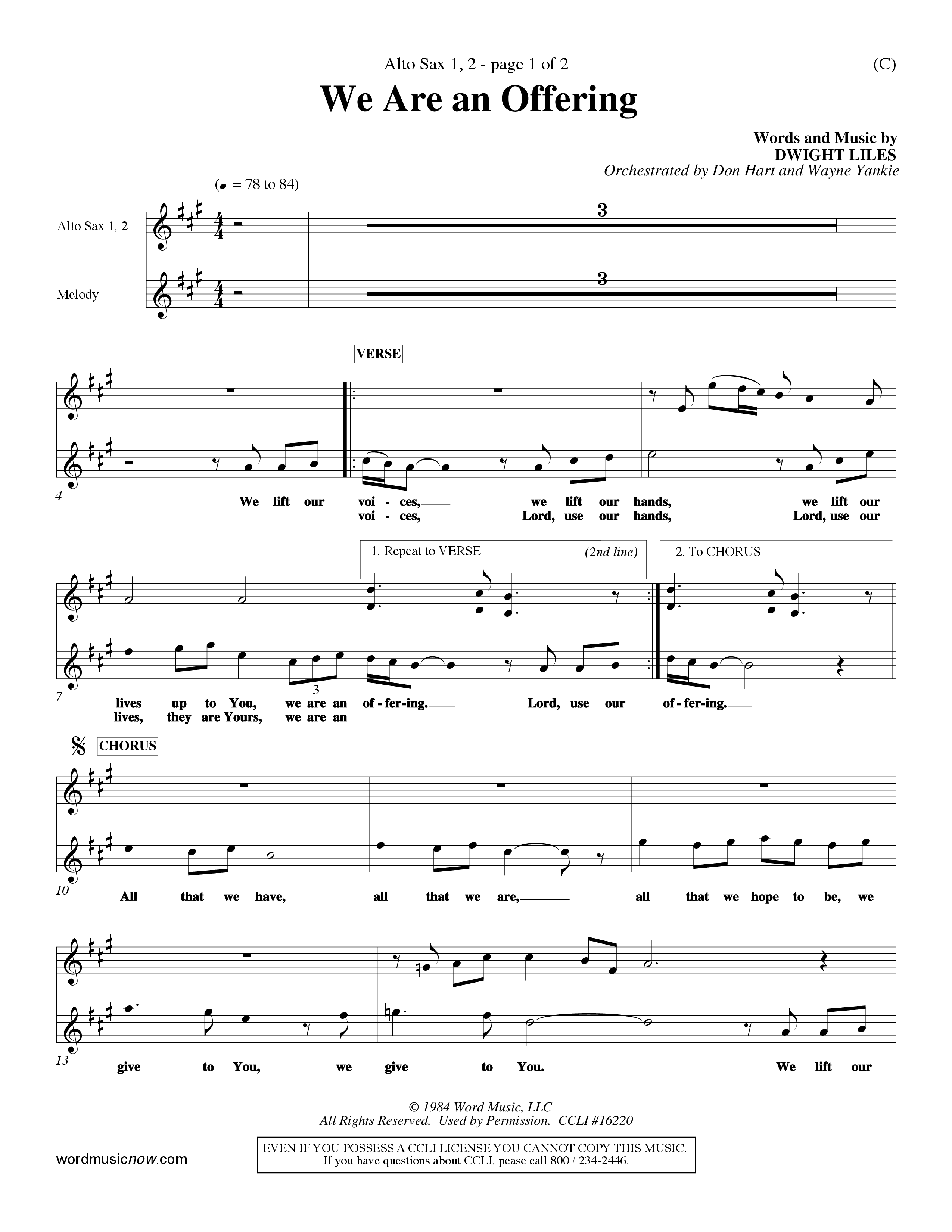 We Are An Offering (Choral Anthem SATB) Alto Sax 1/2 (Word Music Choral / Orch. Dan Hart / Orch. Wayne Yankie)