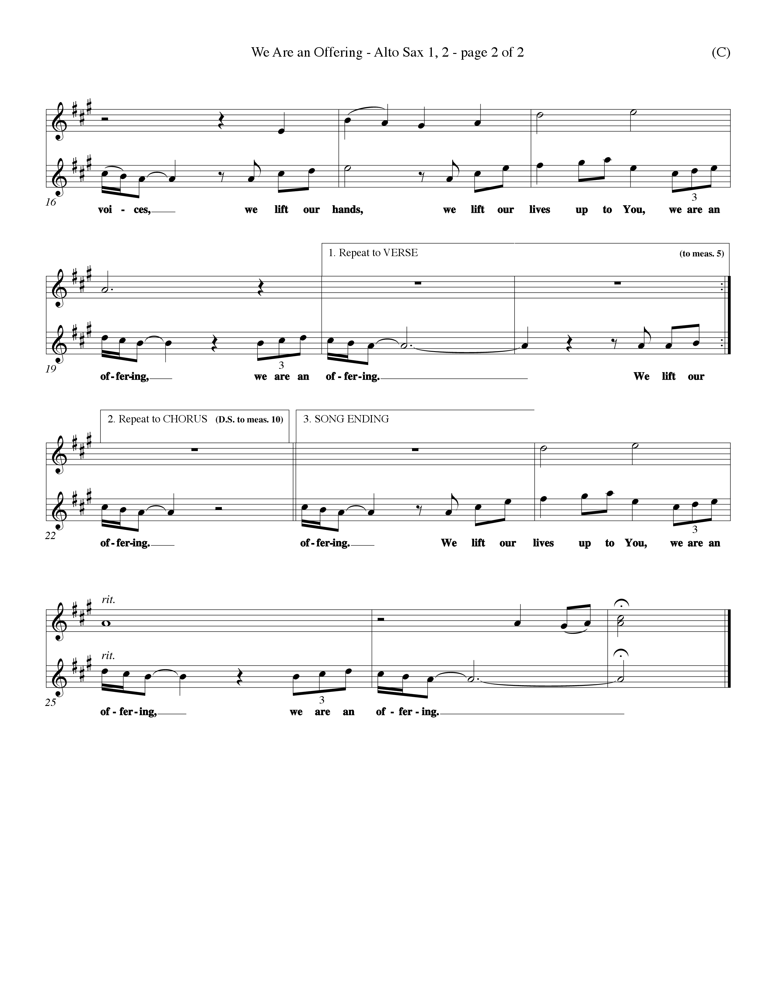 We Are An Offering (Choral Anthem SATB) Alto Sax 1/2 (Word Music Choral / Orch. Dan Hart / Orch. Wayne Yankie)
