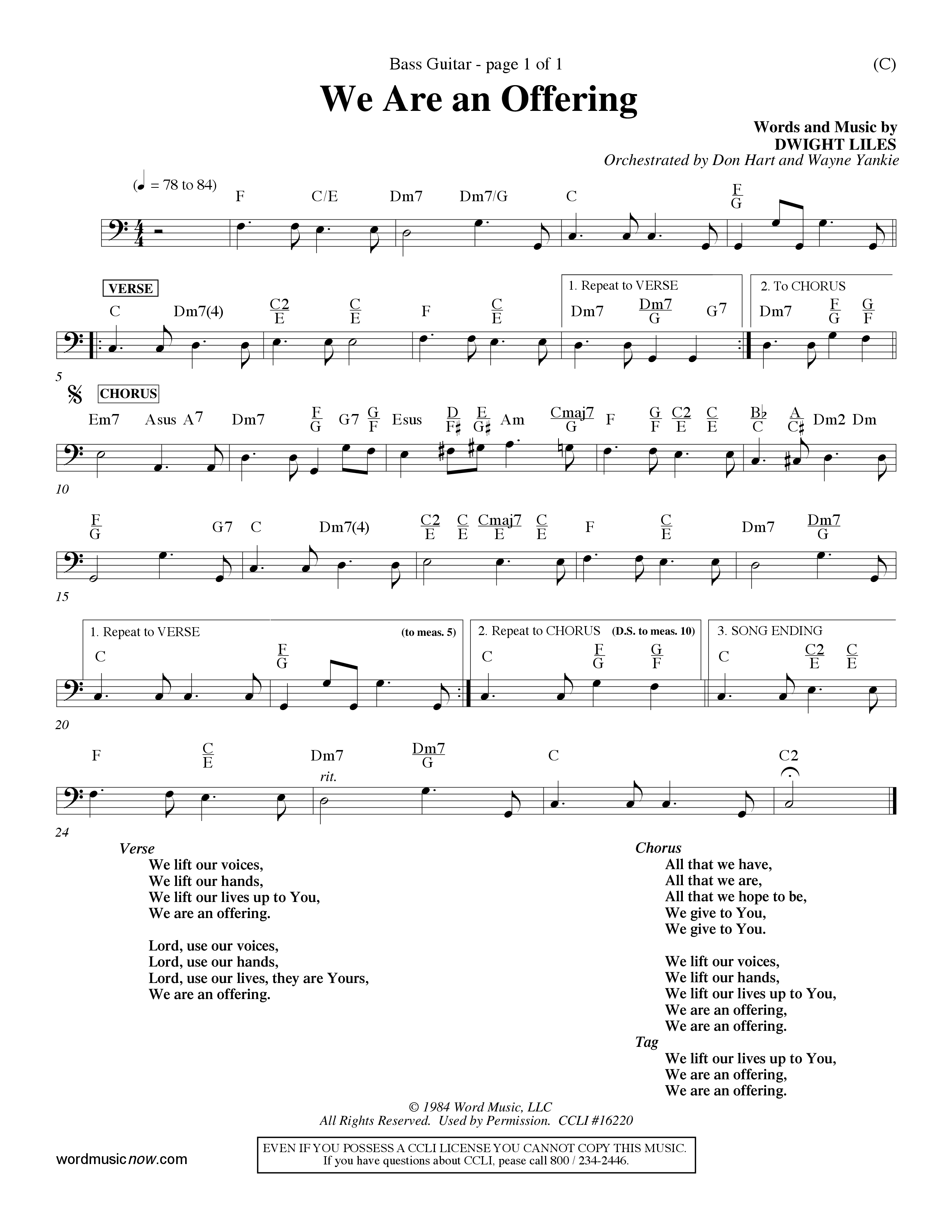 We Are An Offering (Choral Anthem SATB) Bass Guitar (Word Music Choral / Orch. Dan Hart / Orch. Wayne Yankie)