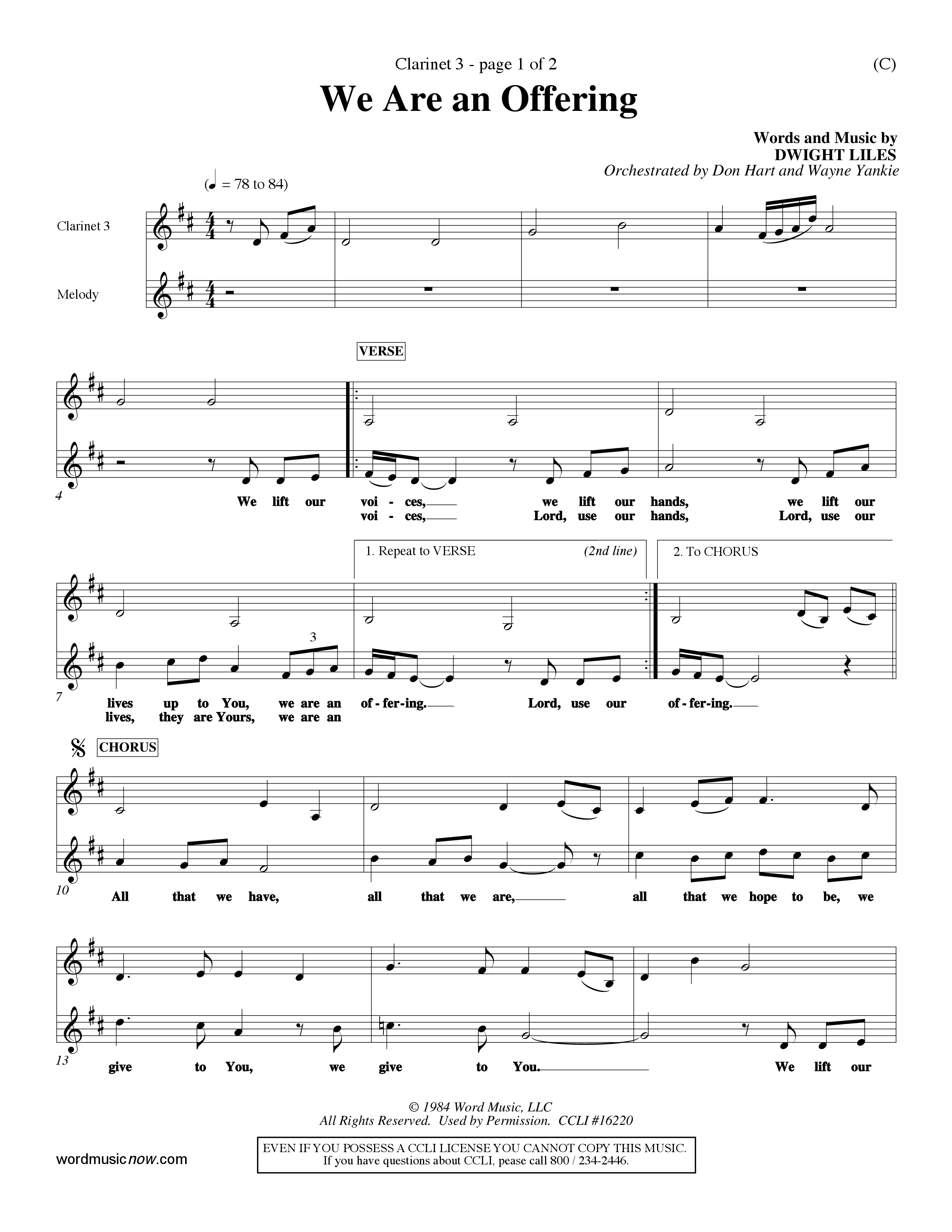 We Are An Offering (Choral Anthem SATB) Clarinet 3 (Word Music Choral / Orch. Dan Hart / Orch. Wayne Yankie)