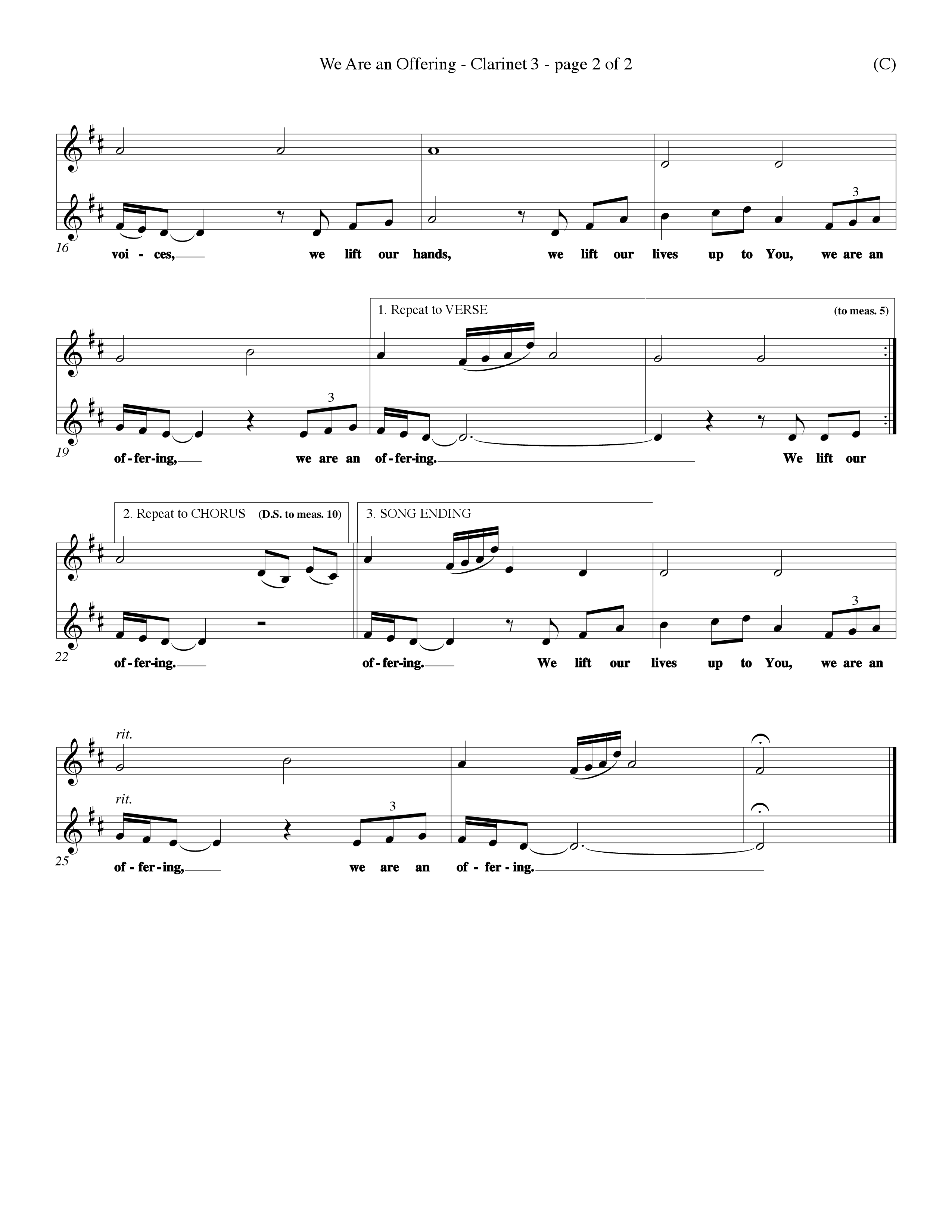 We Are An Offering (Choral Anthem SATB) Clarinet 3 (Word Music Choral / Orch. Dan Hart / Orch. Wayne Yankie)