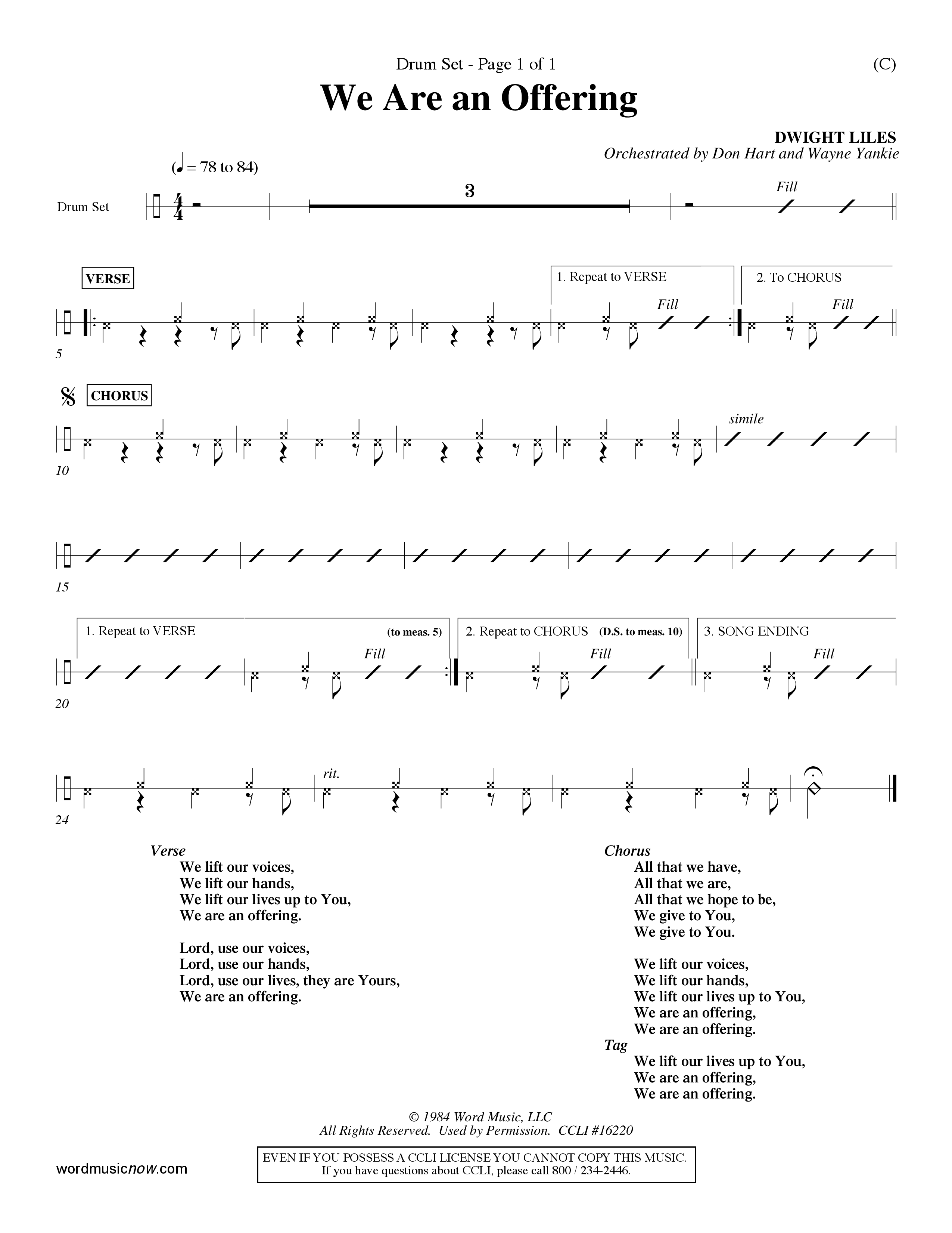 We Are An Offering (Choral Anthem SATB) Drum Set (Word Music Choral / Orch. Dan Hart / Orch. Wayne Yankie)