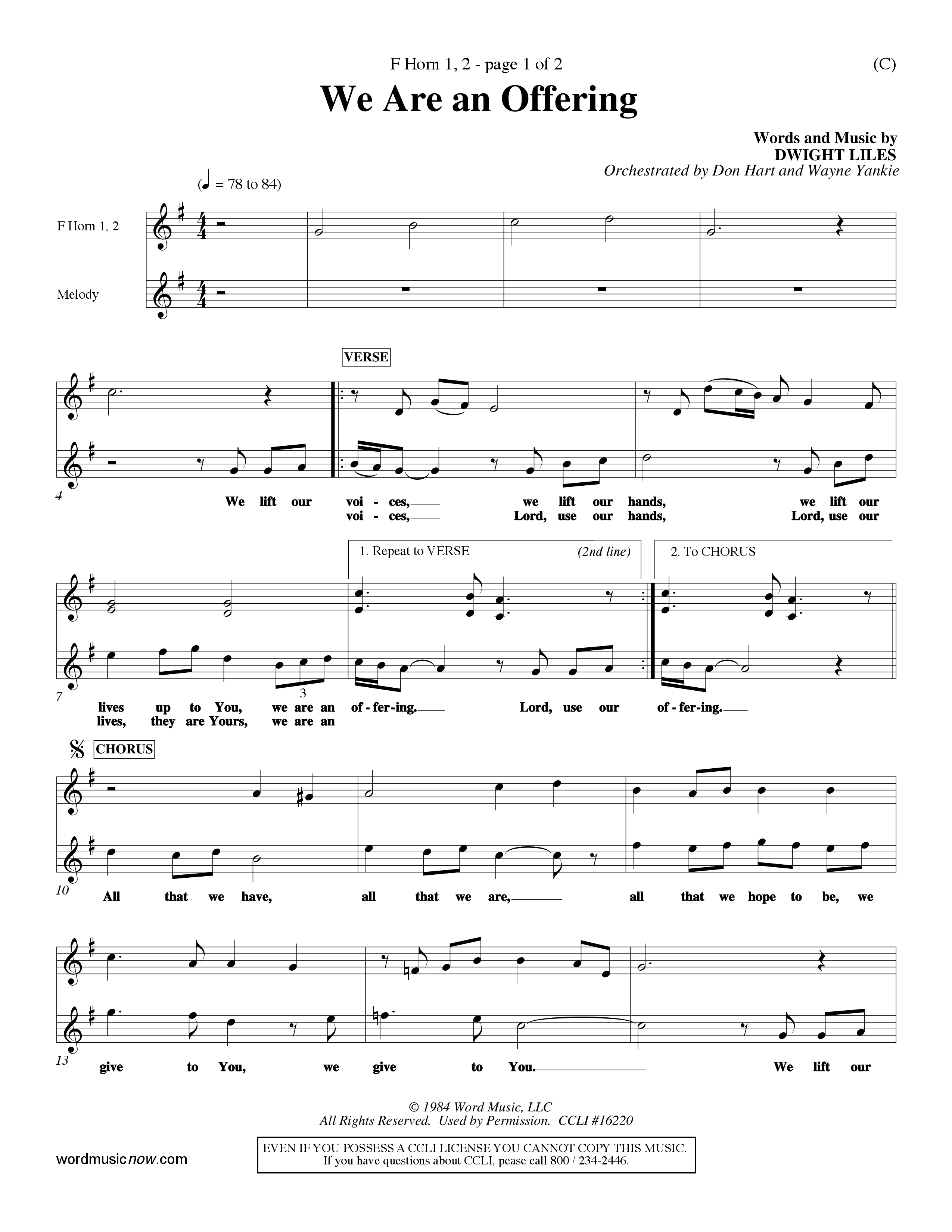 We Are An Offering (Choral Anthem SATB) French Horn (Word Music Choral / Orch. Dan Hart / Orch. Wayne Yankie)