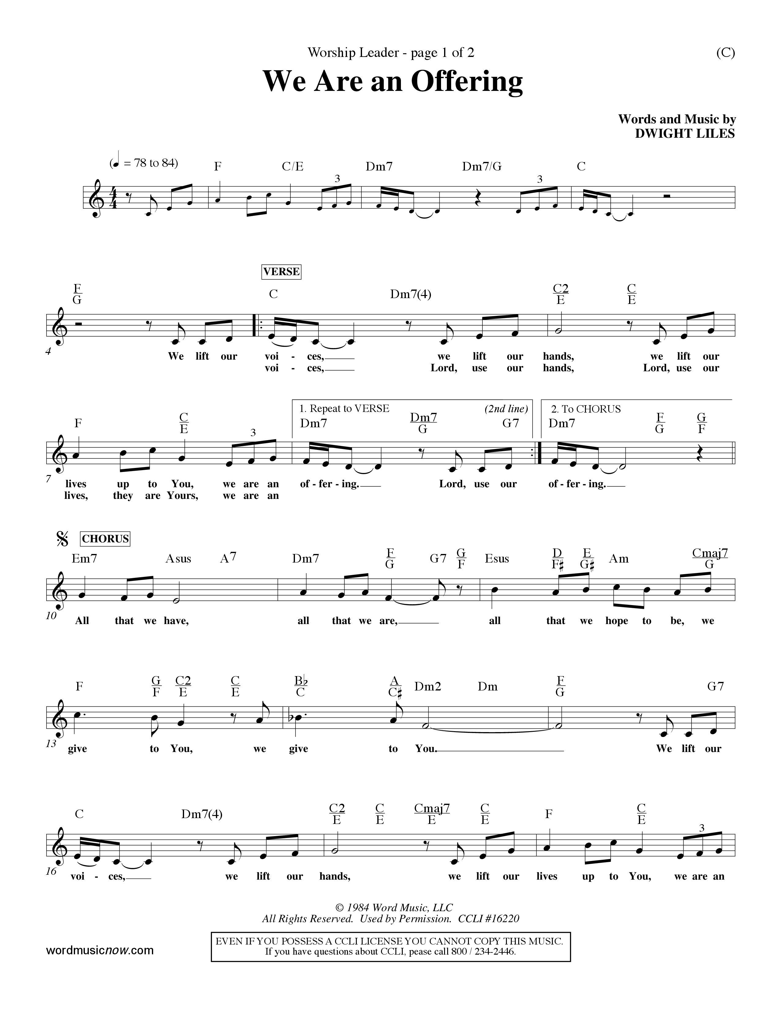 We Are An Offering (Choral Anthem SATB) Lead Sheet (Mel) (Word Music Choral / Orch. Dan Hart / Orch. Wayne Yankie)