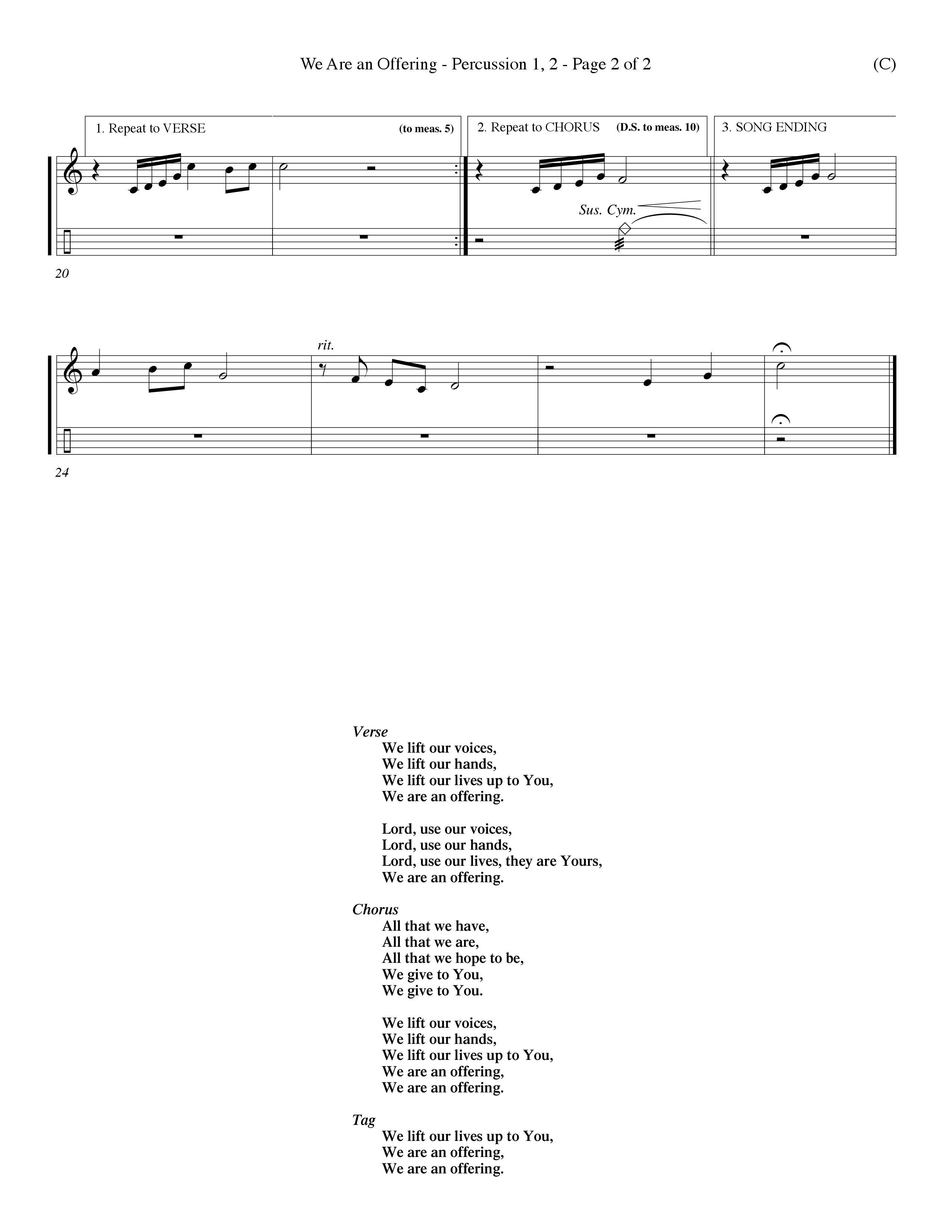 We Are An Offering (Choral Anthem SATB) Percussion 1/2 (Word Music Choral / Orch. Dan Hart / Orch. Wayne Yankie)
