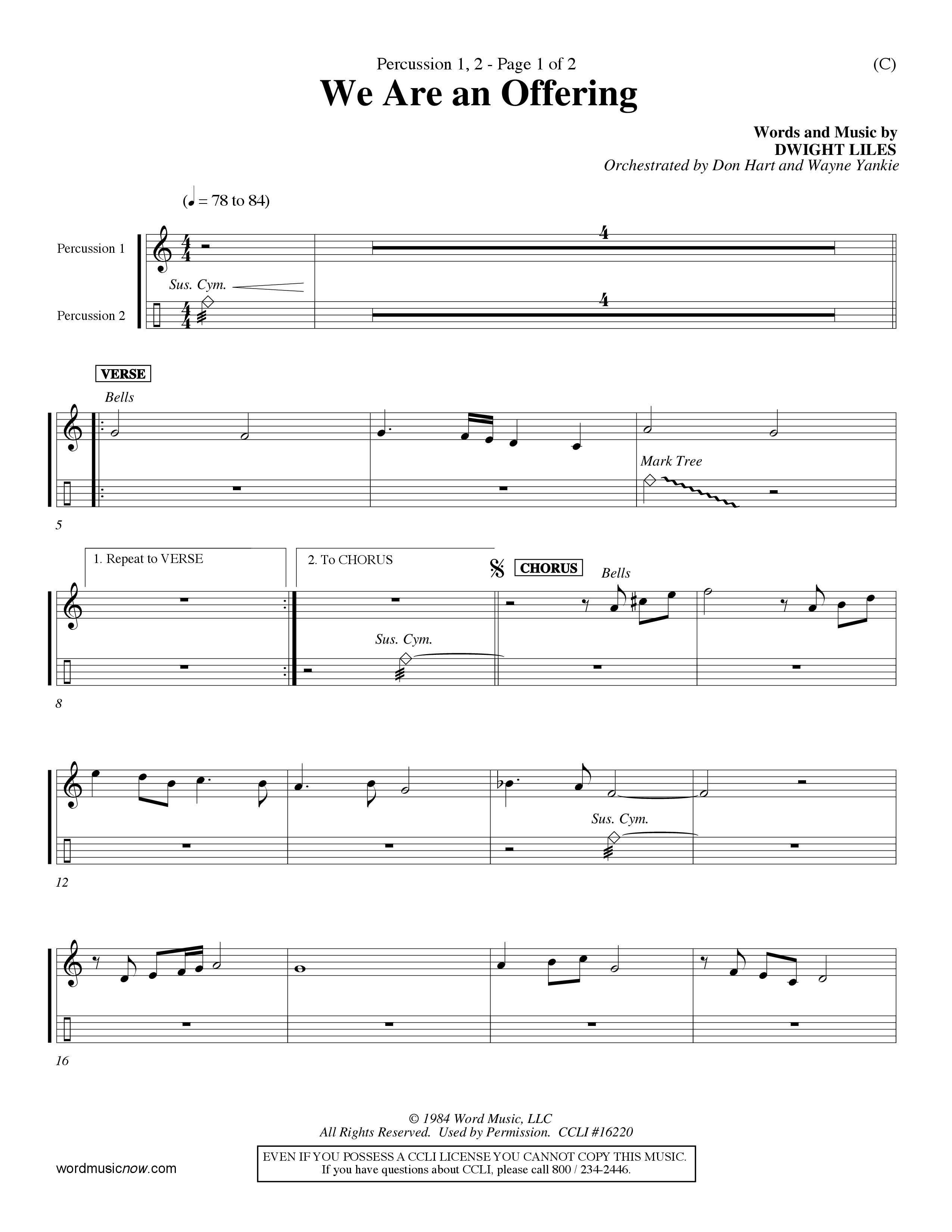 We Are An Offering (Choral Anthem SATB) Percussion 1/2 (Word Music Choral / Orch. Dan Hart / Orch. Wayne Yankie)