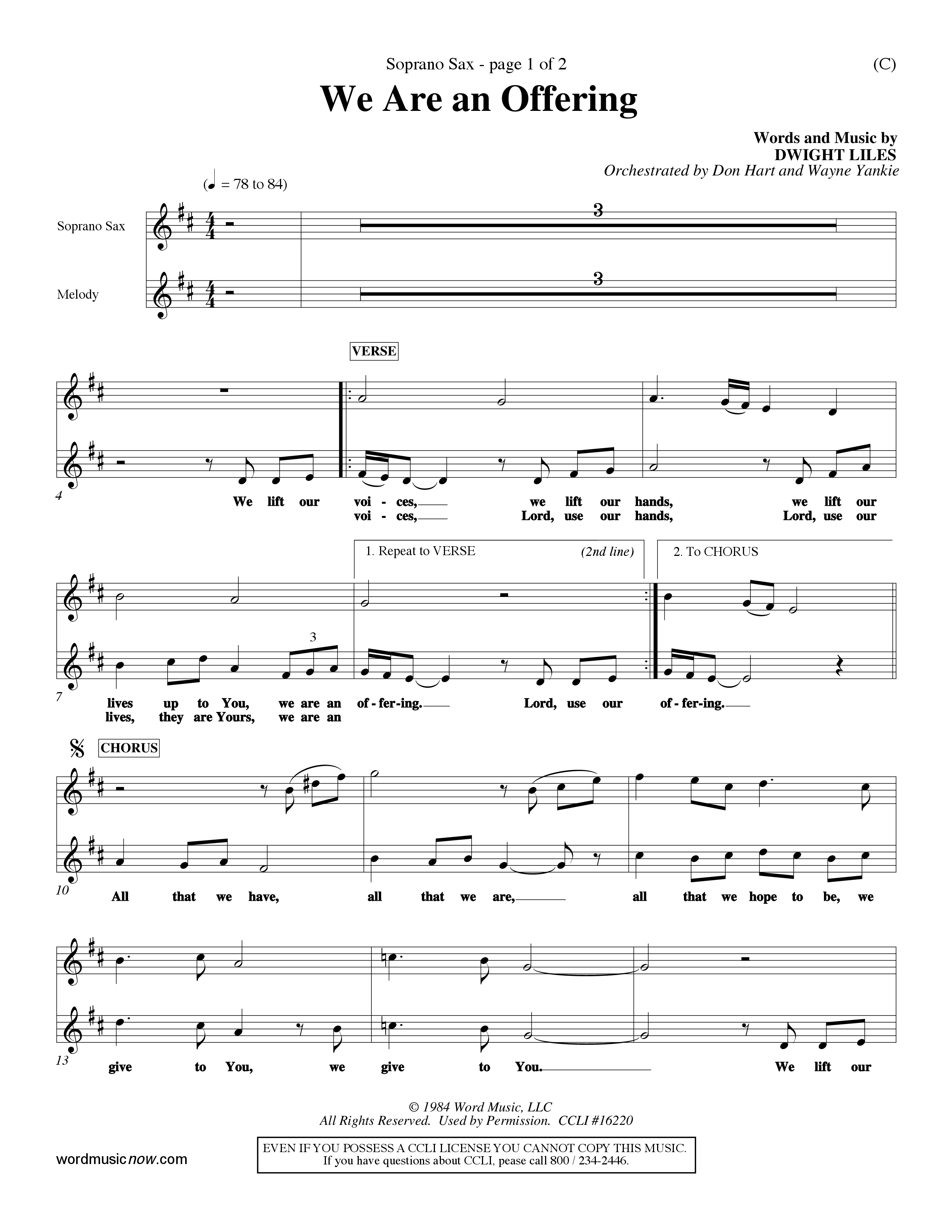 We Are An Offering (Choral Anthem SATB) Saxophone (Word Music Choral / Orch. Dan Hart / Orch. Wayne Yankie)