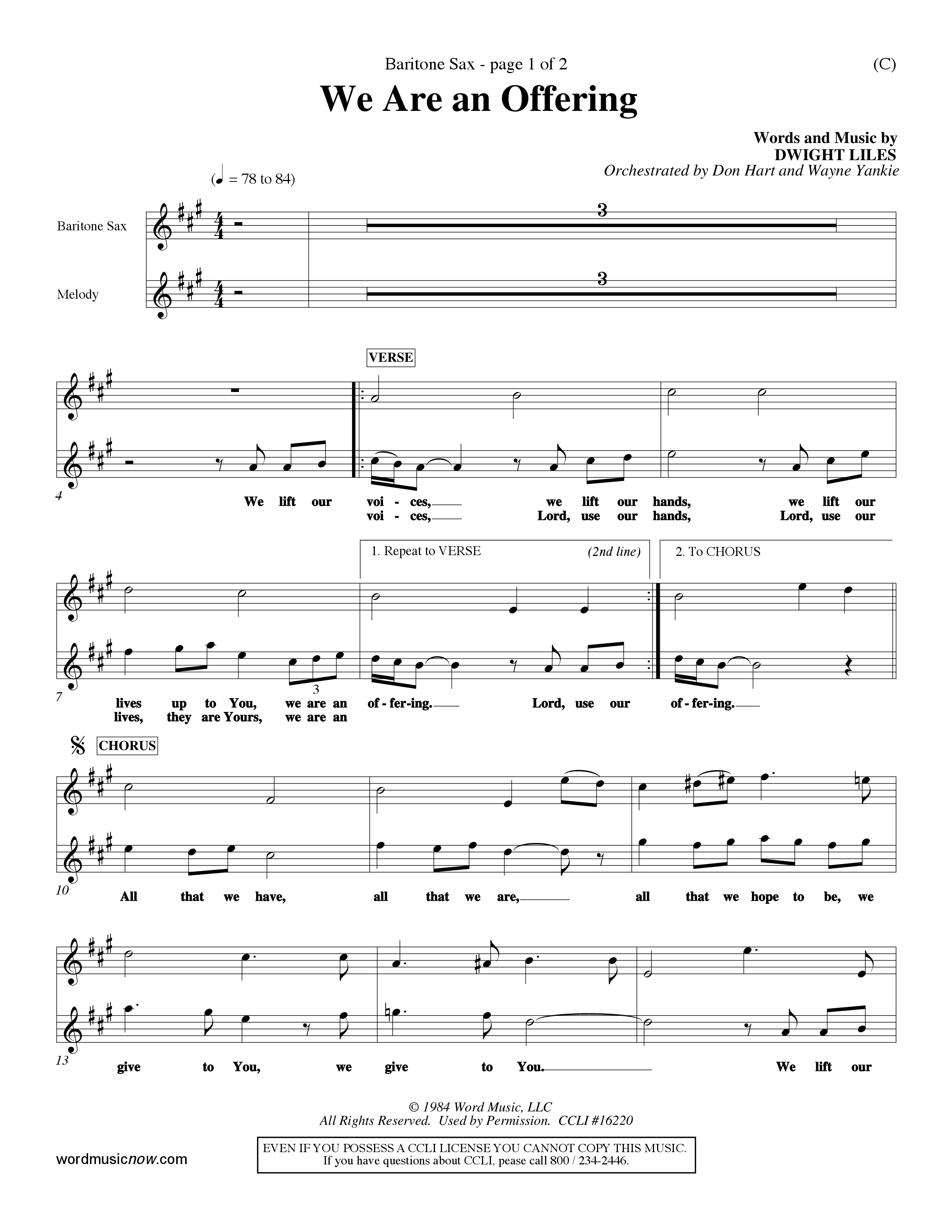 We Are An Offering (Choral Anthem SATB) Saxophone (Word Music Choral / Orch. Dan Hart / Orch. Wayne Yankie)