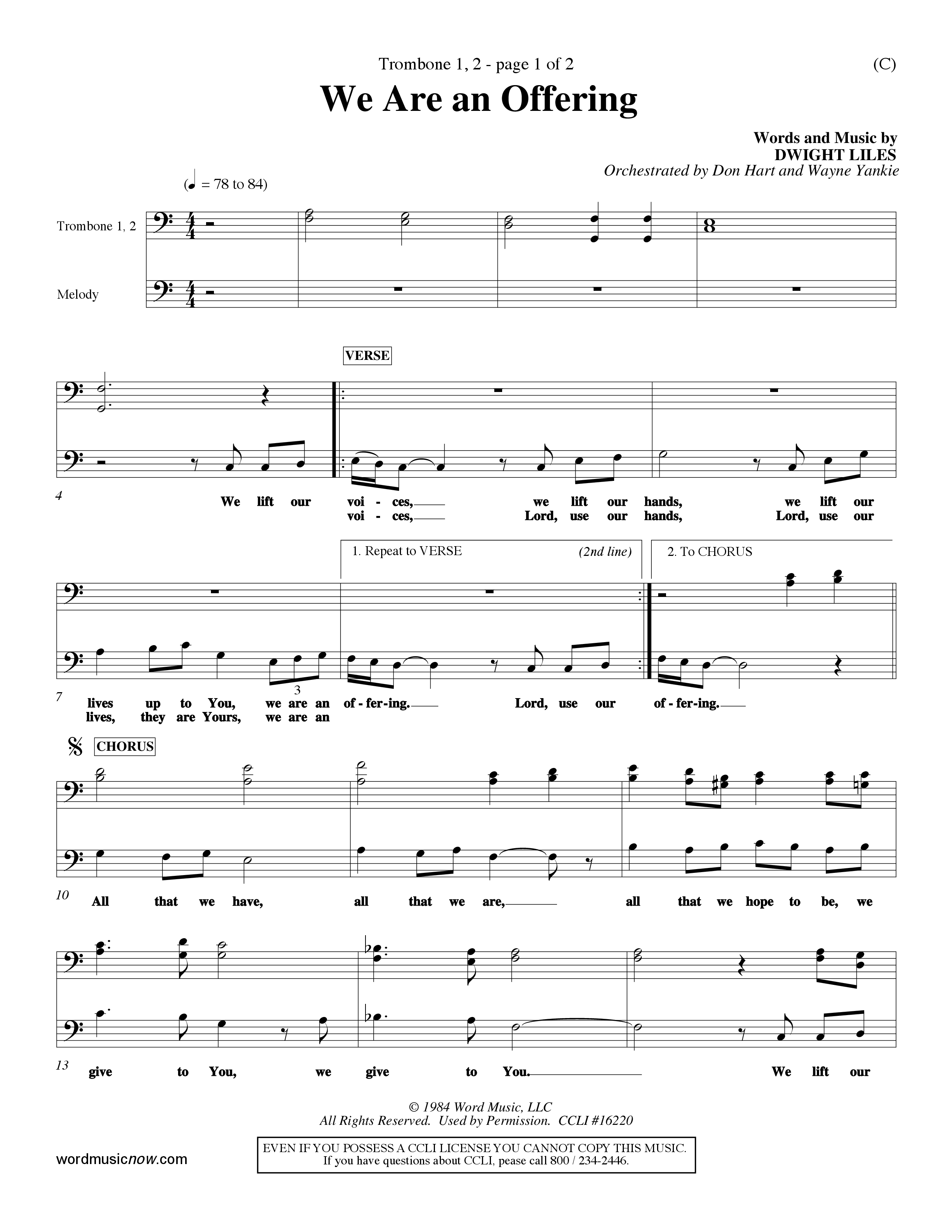 We Are An Offering (Choral Anthem SATB) Trombone 1/2 (Word Music Choral / Orch. Dan Hart / Orch. Wayne Yankie)