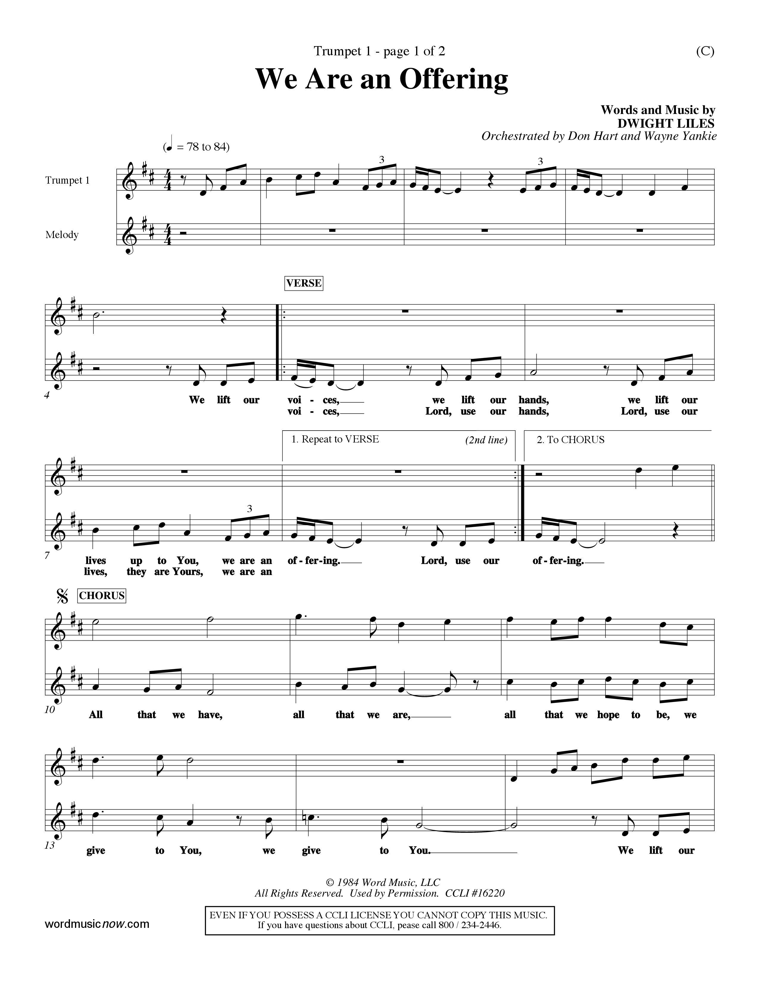 We Are An Offering (Choral Anthem SATB) Trumpet 1 (Word Music Choral / Orch. Dan Hart / Orch. Wayne Yankie)