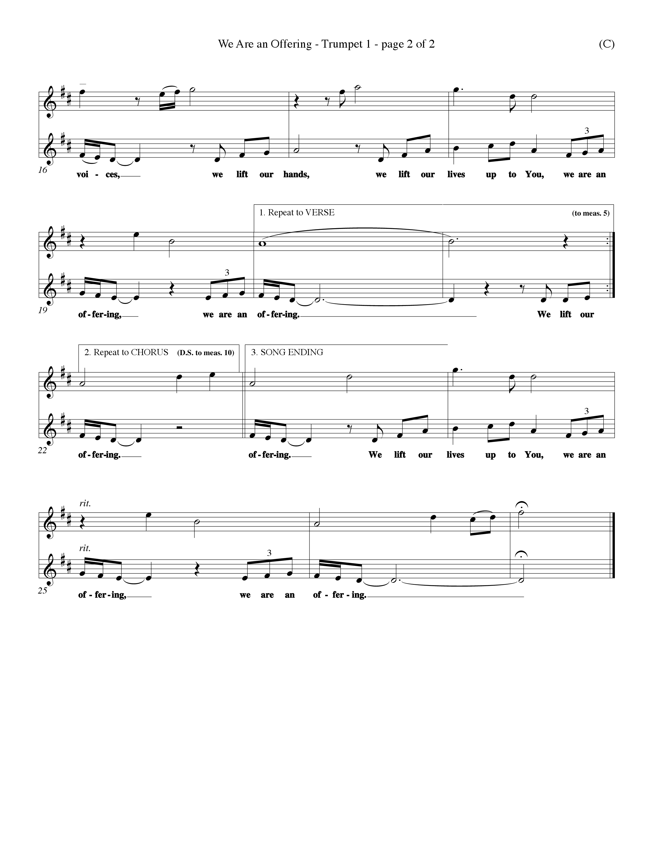 We Are An Offering (Choral Anthem SATB) Trumpet 1 (Word Music Choral / Orch. Dan Hart / Orch. Wayne Yankie)
