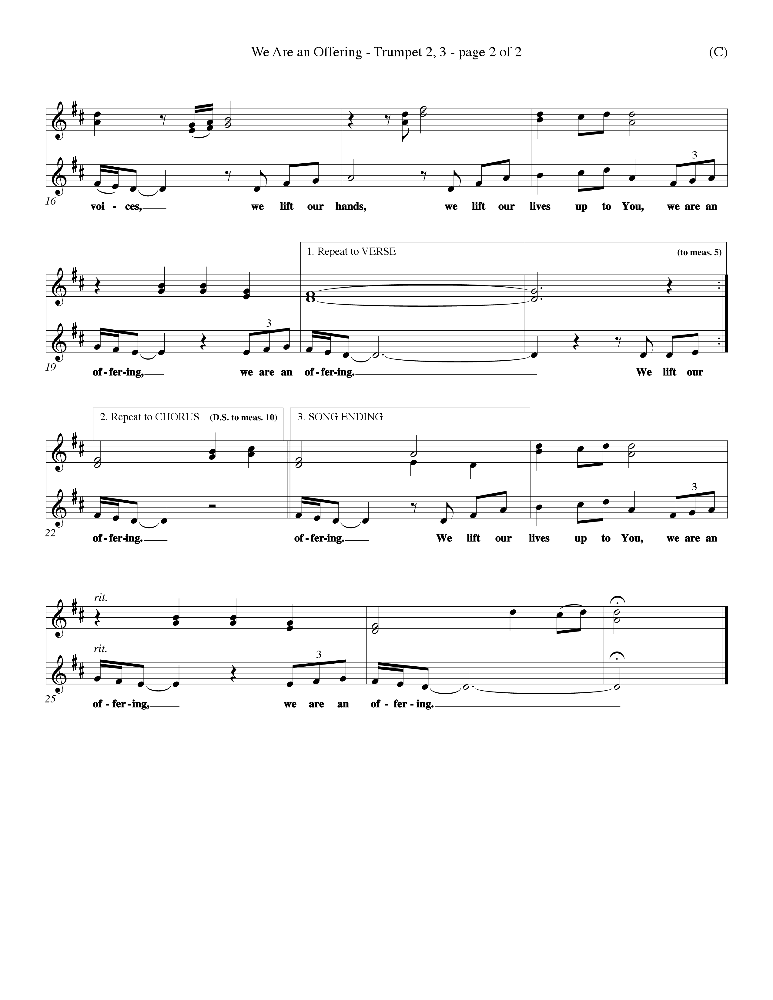 We Are An Offering (Choral Anthem SATB) Trumpet 2/3 (Word Music Choral / Orch. Dan Hart / Orch. Wayne Yankie)