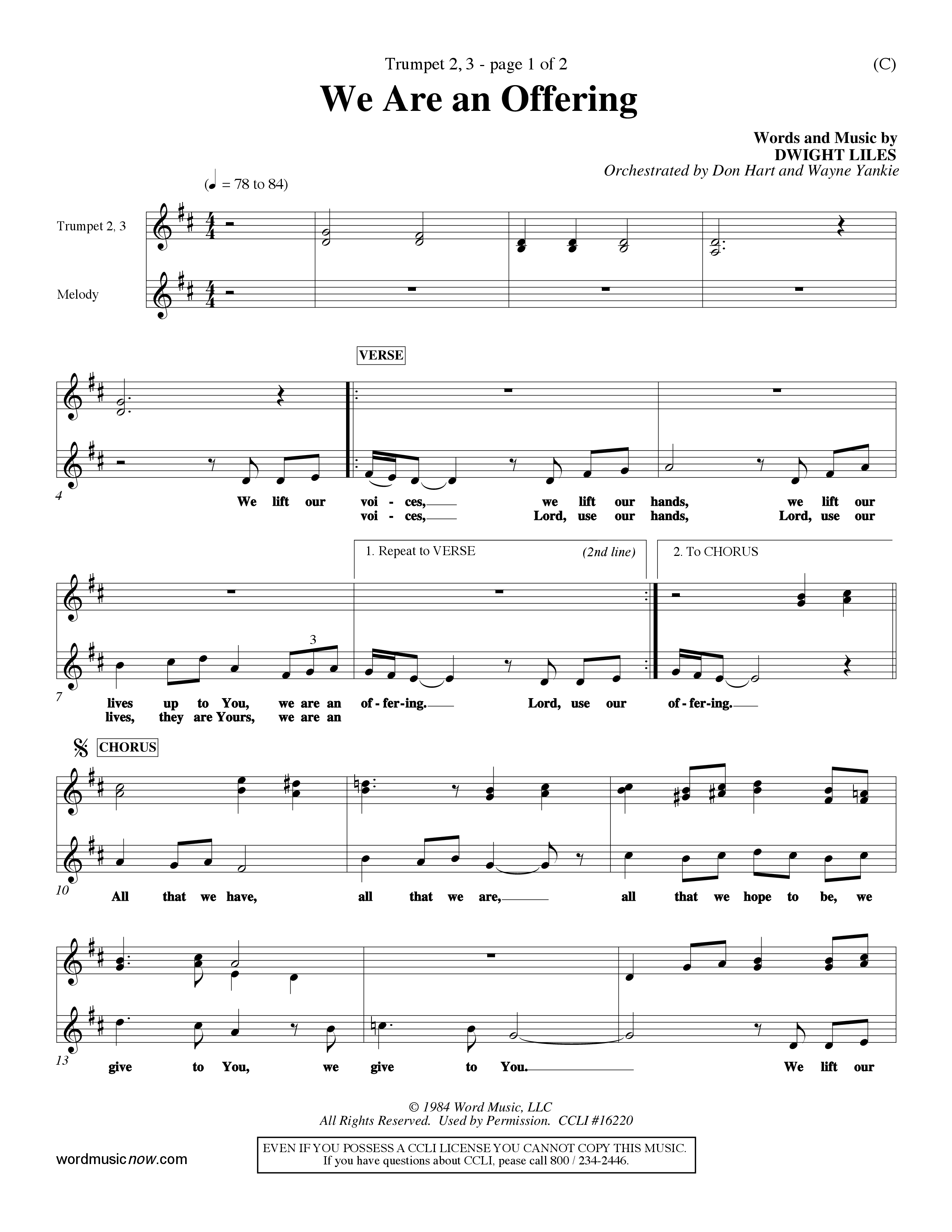 We Are An Offering (Choral Anthem SATB) Trumpet 2/3 (Word Music Choral / Orch. Dan Hart / Orch. Wayne Yankie)
