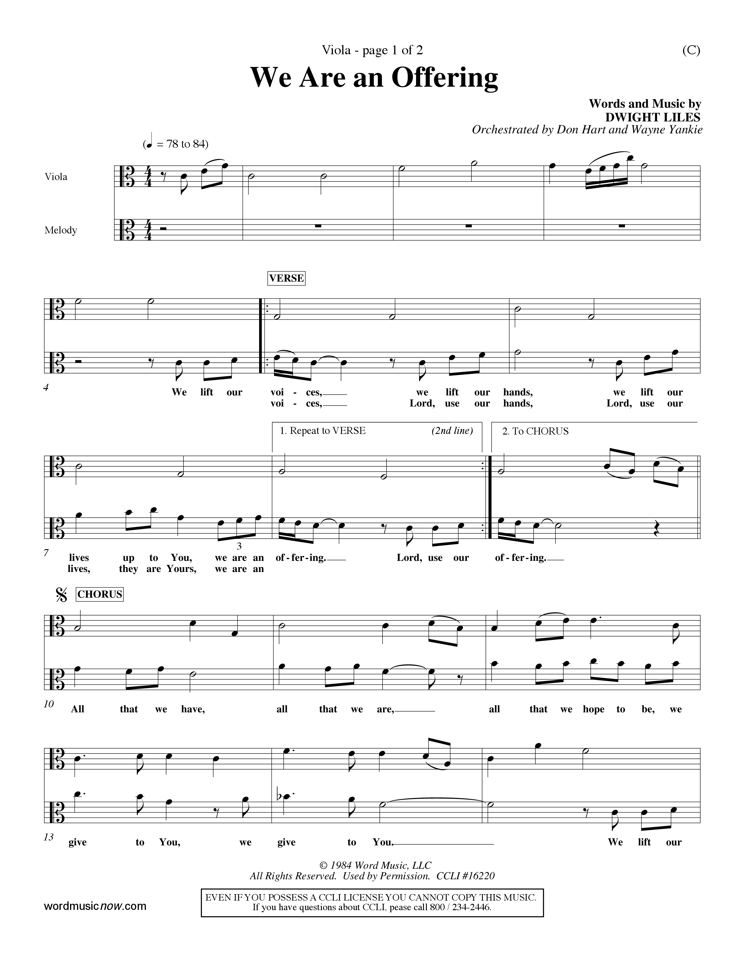 We Are An Offering (Choral Anthem SATB) Viola (Word Music Choral / Orch. Dan Hart / Orch. Wayne Yankie)