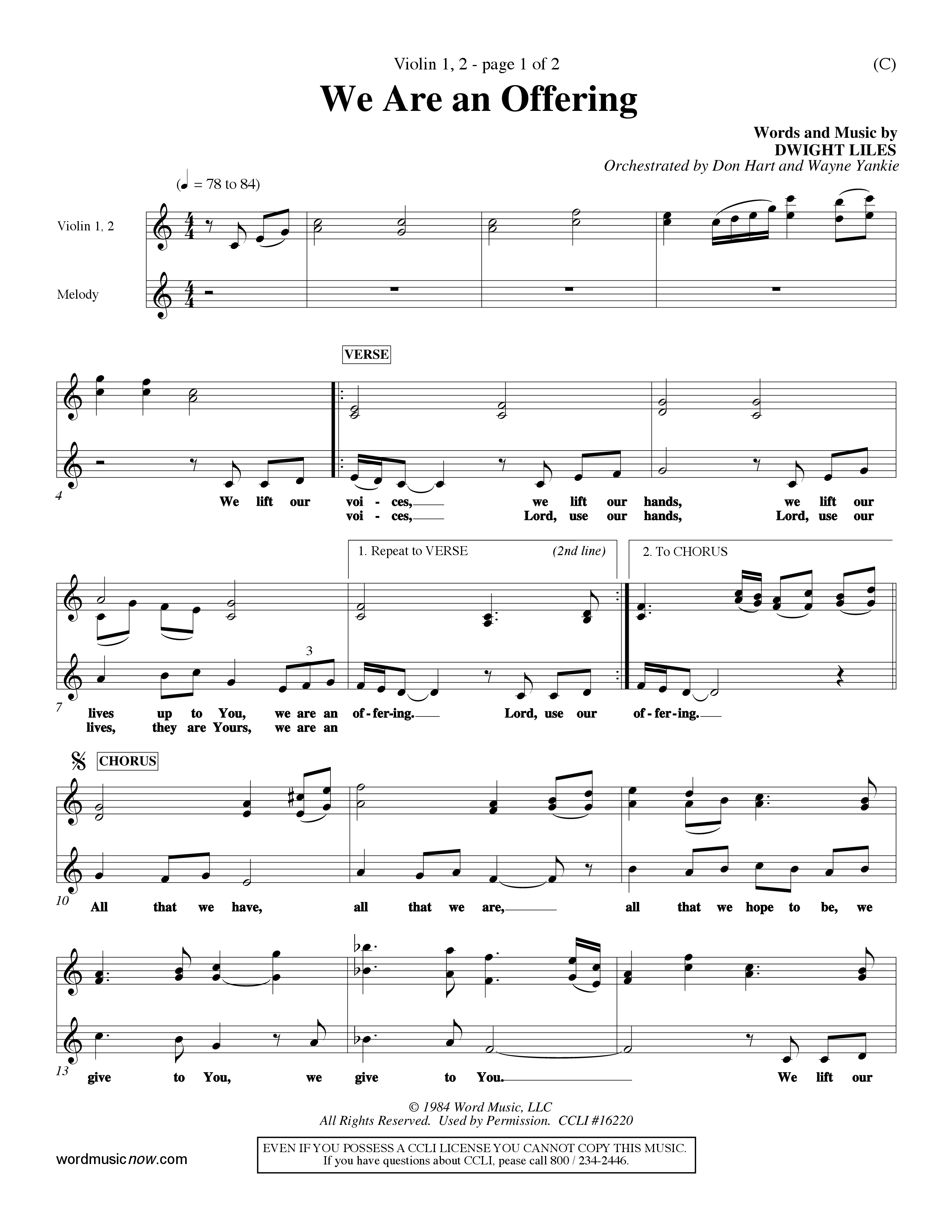 We Are An Offering (Choral Anthem SATB) Violin 1/2 (Word Music Choral / Orch. Dan Hart / Orch. Wayne Yankie)