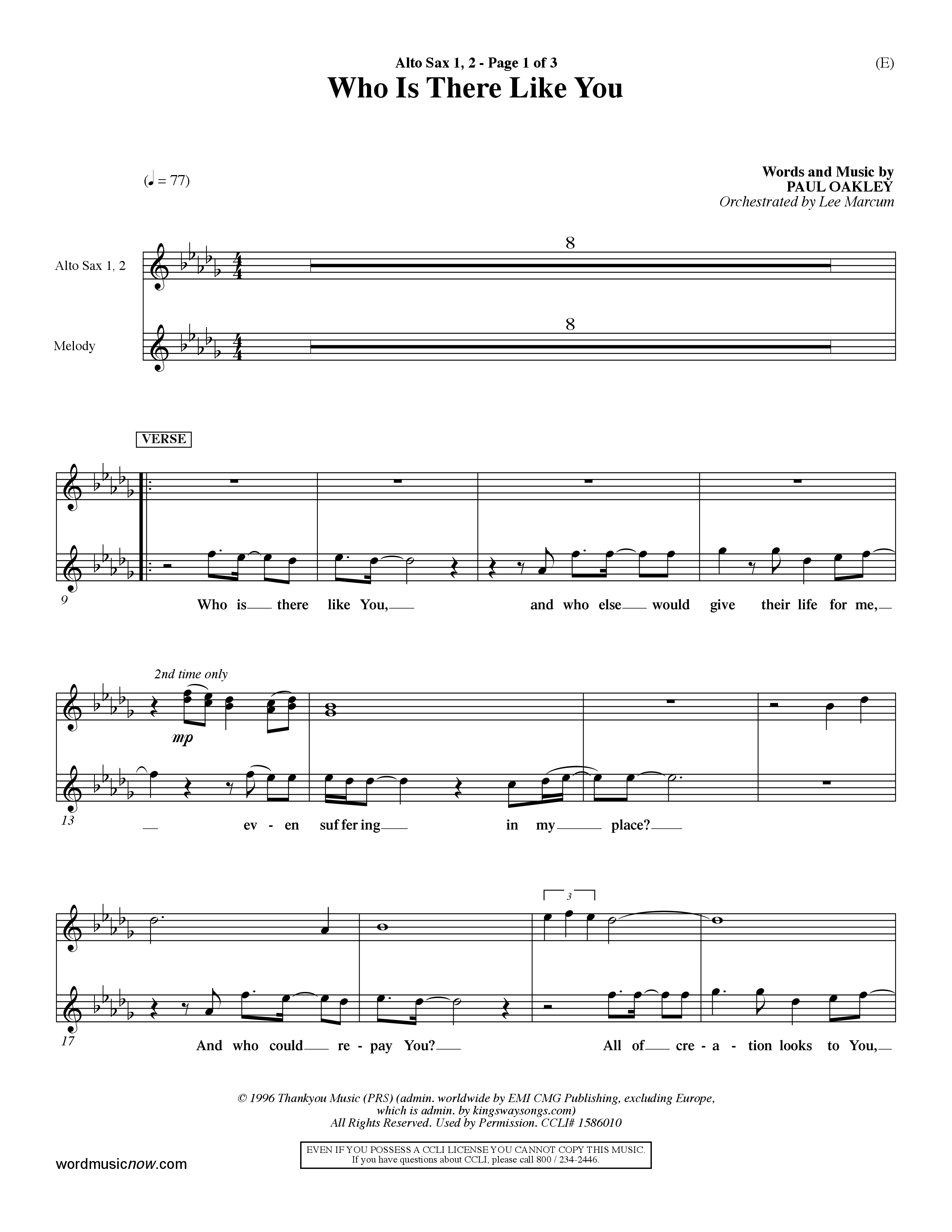 Who is There Like You (Choral Anthem SATB) Alto Sax 1/2 (Word Music Choral / Orch. Lee Marcum)