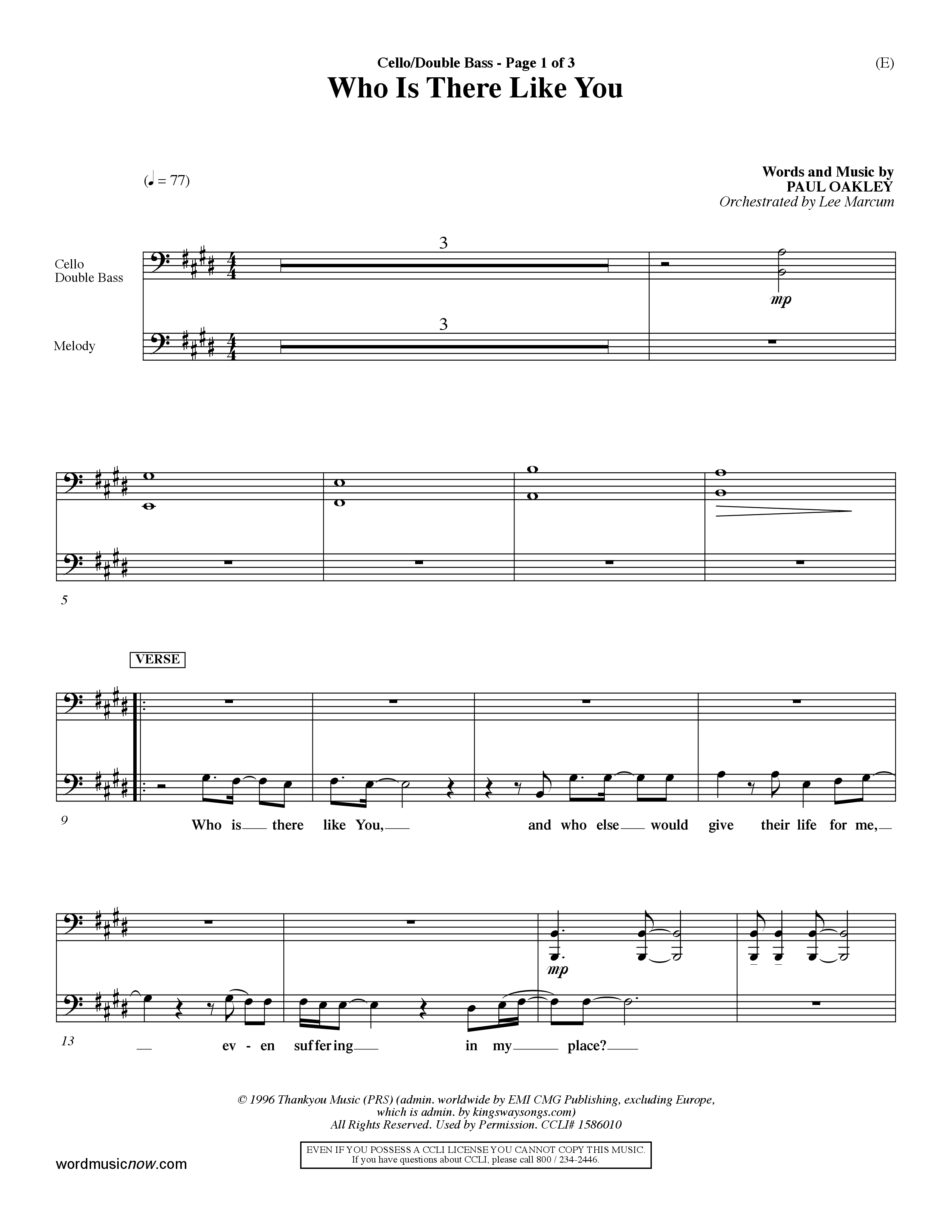 Who is There Like You (Choral Anthem SATB) Cello/Bass (Word Music Choral / Orch. Lee Marcum)