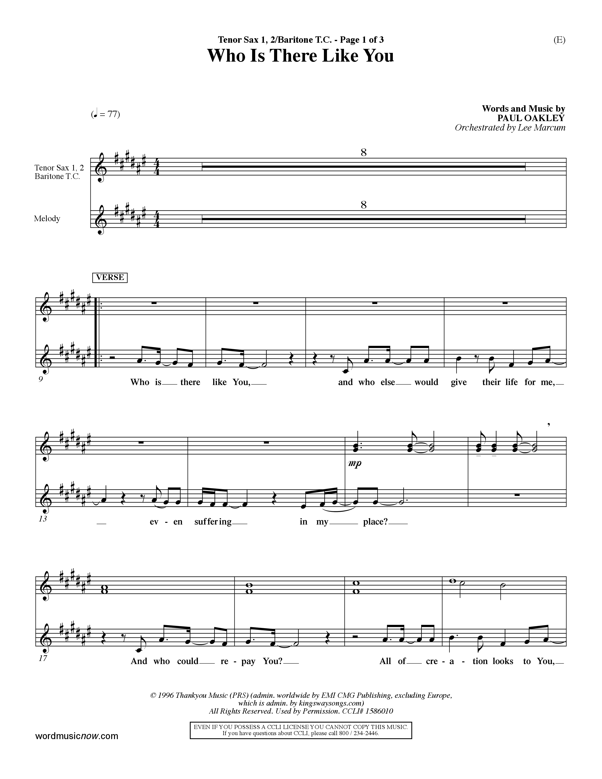 Who is There Like You (Choral Anthem SATB) Tenor Sax/Baritone T.C. (Word Music Choral / Orch. Lee Marcum)