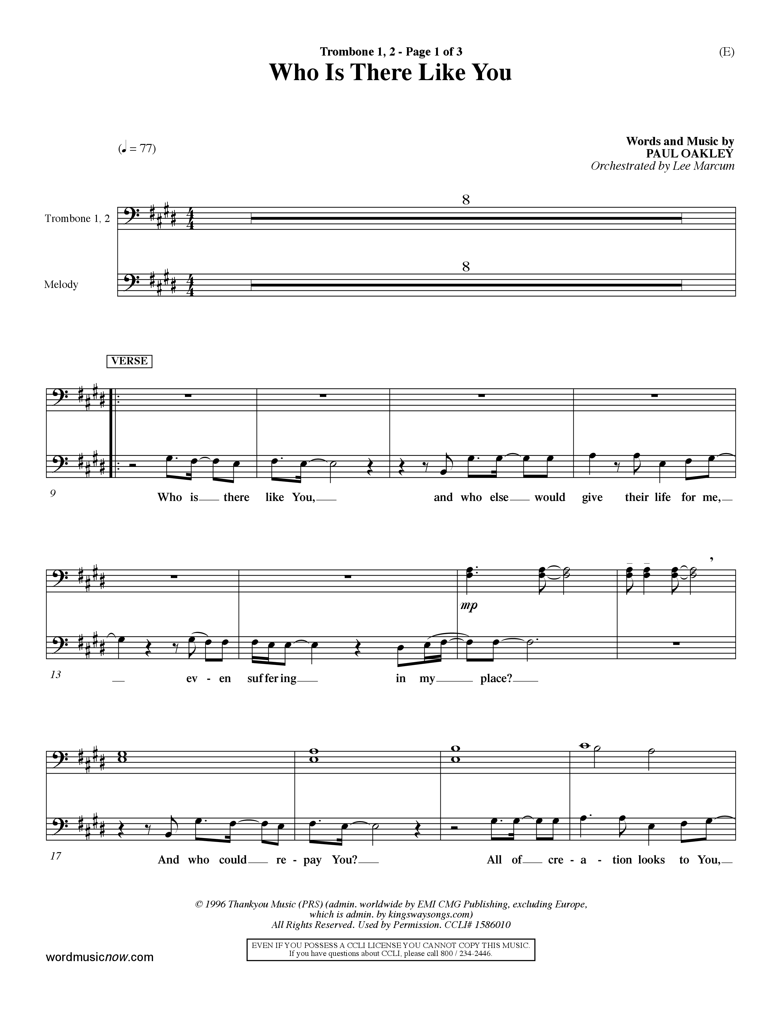 Who is There Like You (Choral Anthem SATB) Trombone 1/2 (Word Music Choral / Orch. Lee Marcum)