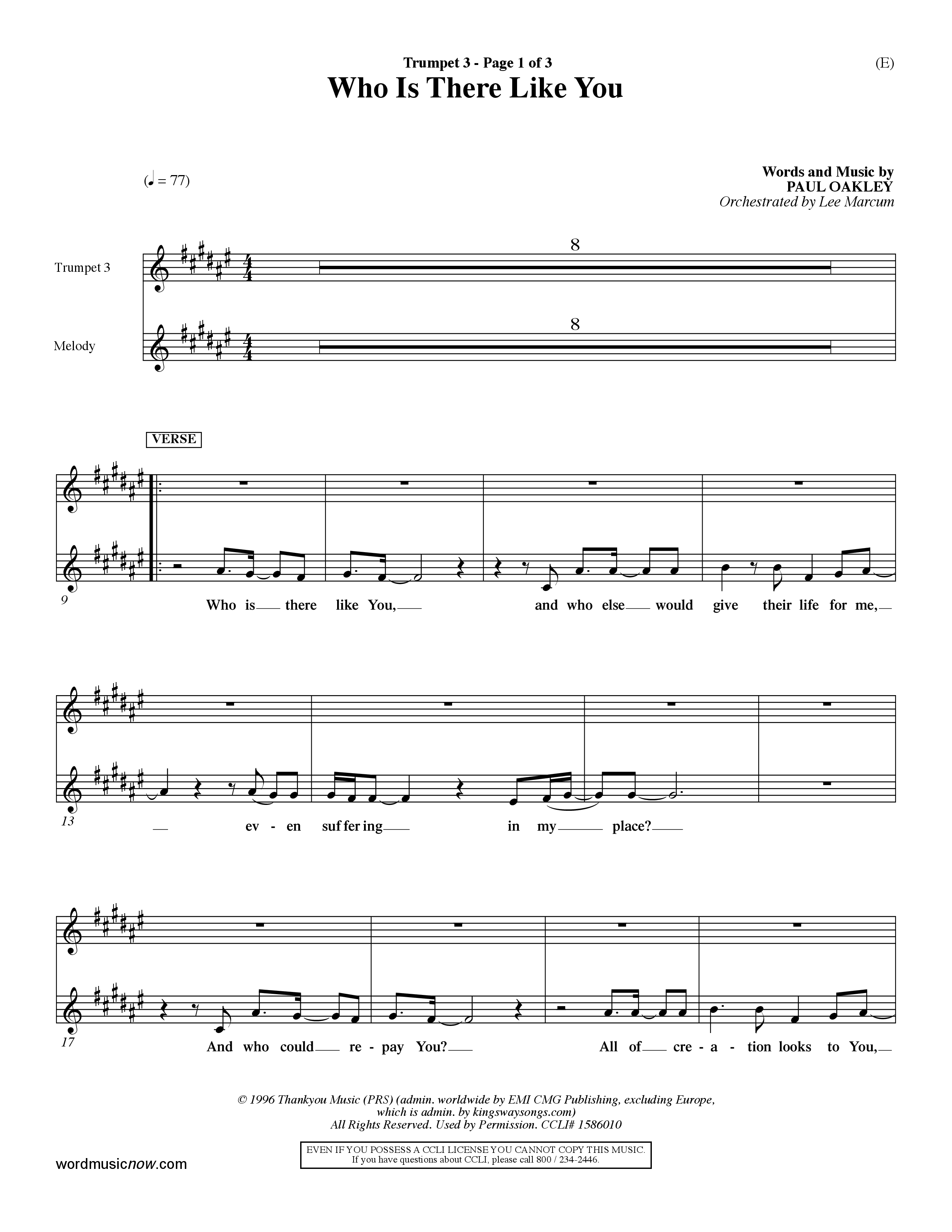 Who is There Like You (Choral Anthem SATB) Trumpet 3 (Word Music Choral / Orch. Lee Marcum)