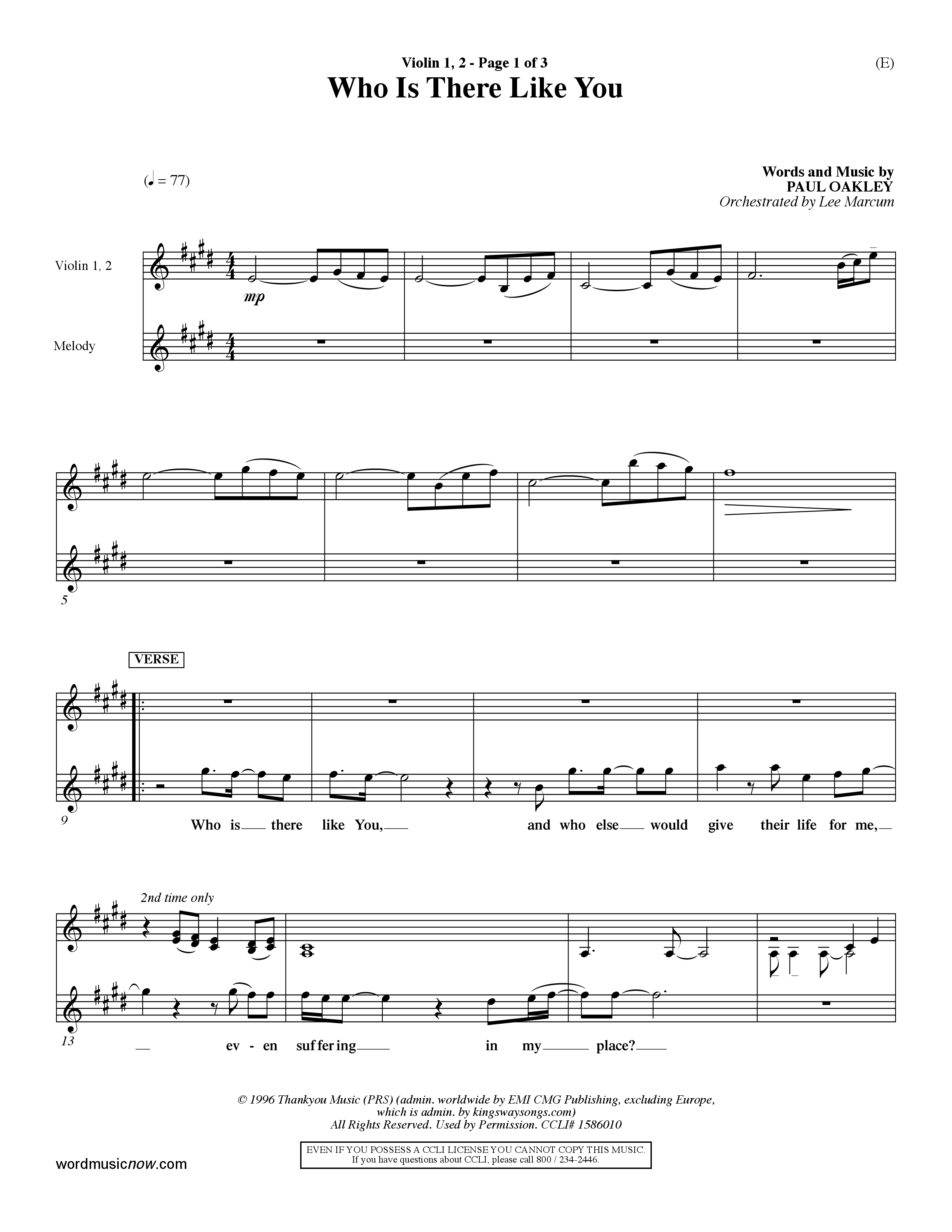 Who is There Like You (Choral Anthem SATB) Violin 1/2 (Word Music Choral / Orch. Lee Marcum)