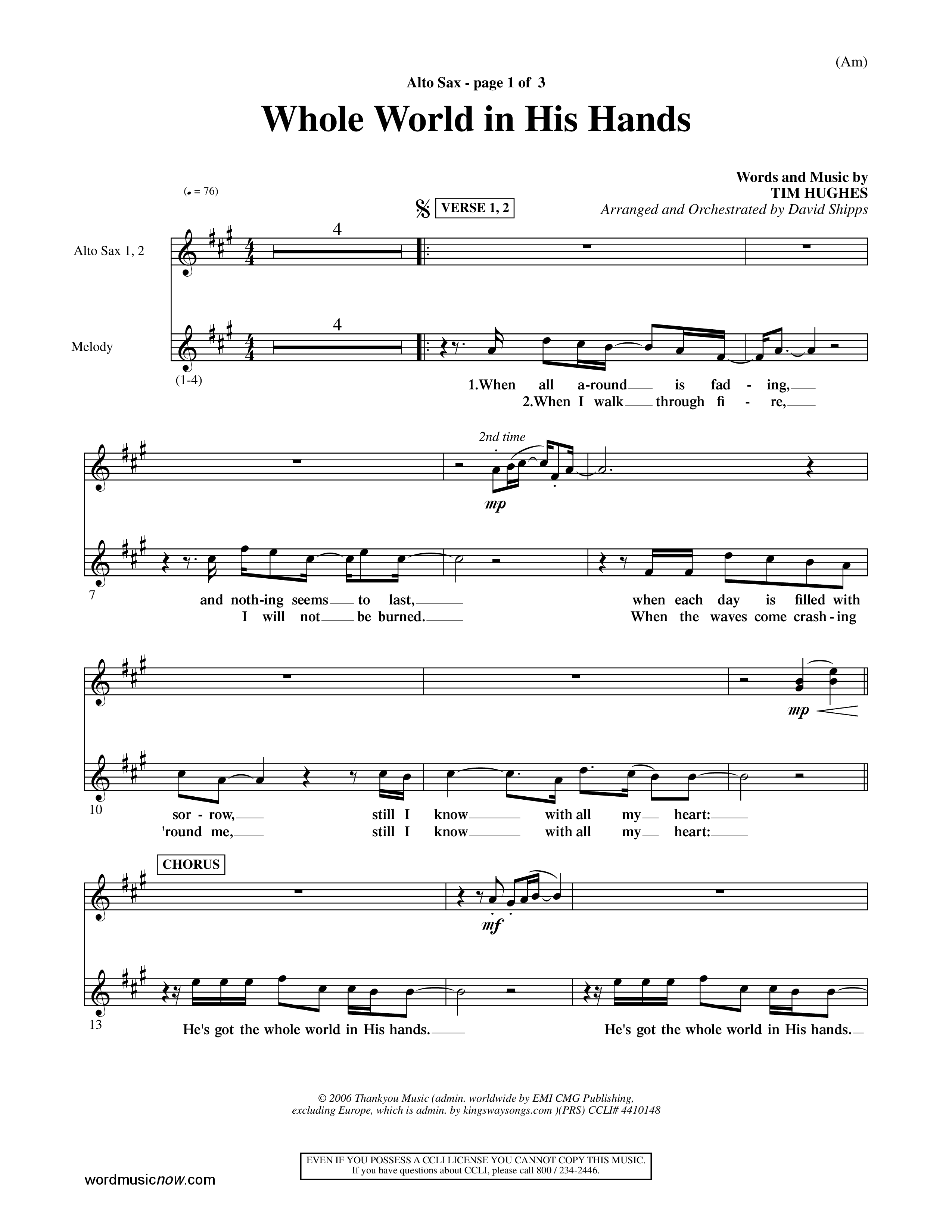 Whole World In His Hands (Choral Anthem SATB) Alto Sax 1/2 (Word Music Choral / Arr. David Shipps)