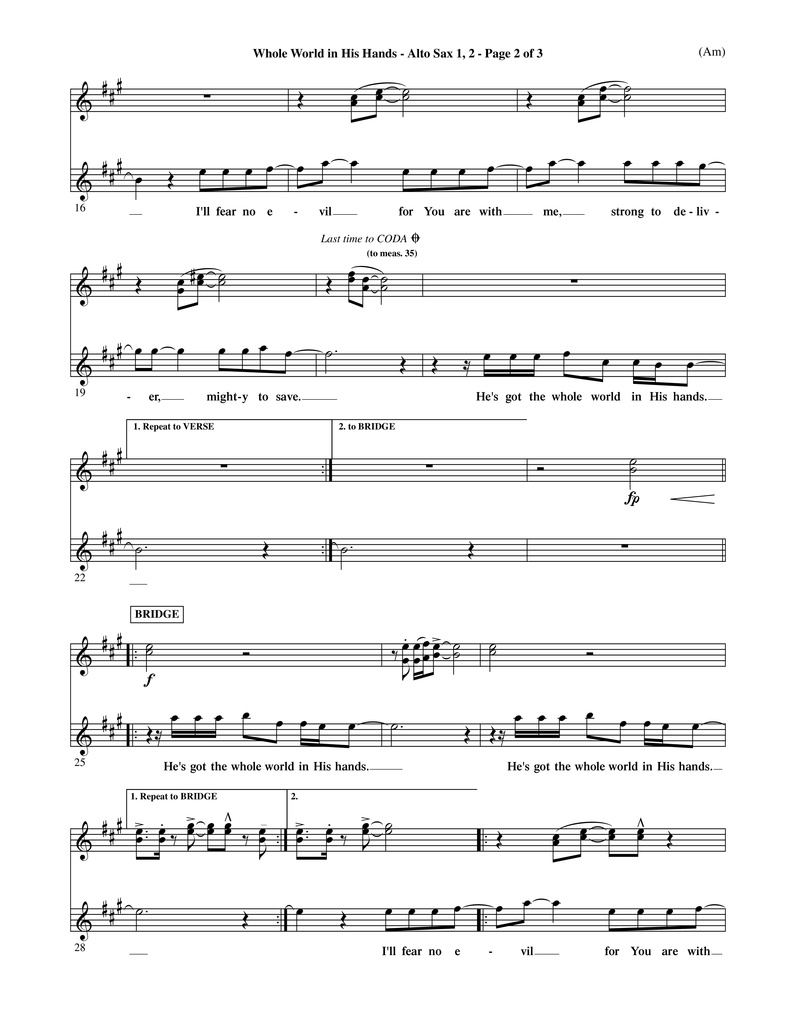 Whole World In His Hands (Choral Anthem SATB) Alto Sax 1/2 (Word Music Choral / Arr. David Shipps)