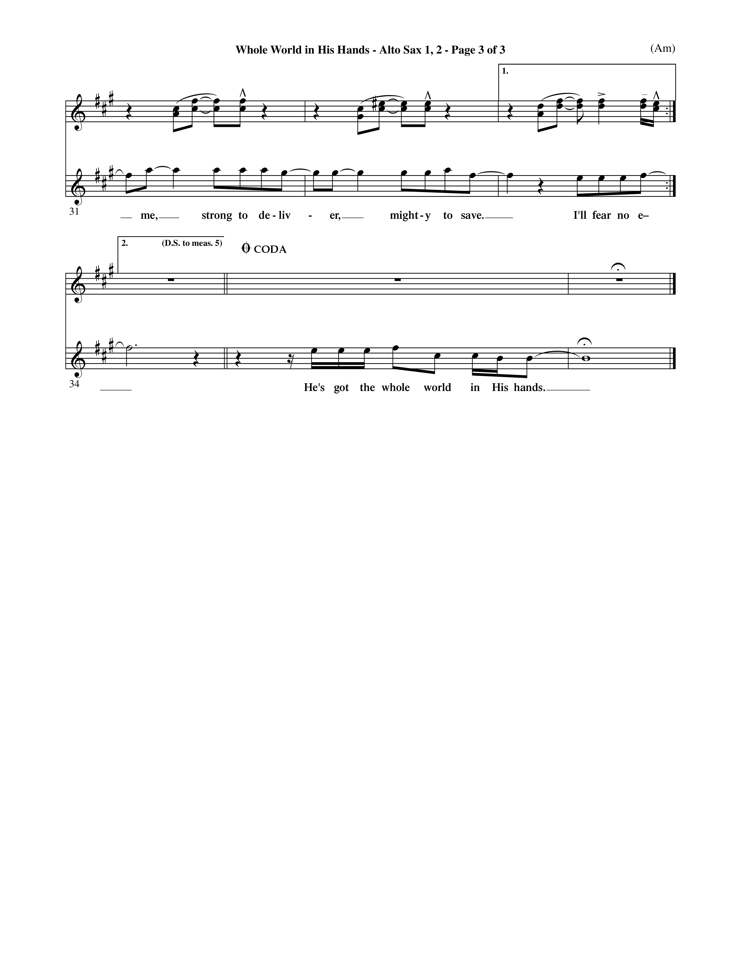 Whole World In His Hands (Choral Anthem SATB) Alto Sax 1/2 (Word Music Choral / Arr. David Shipps)
