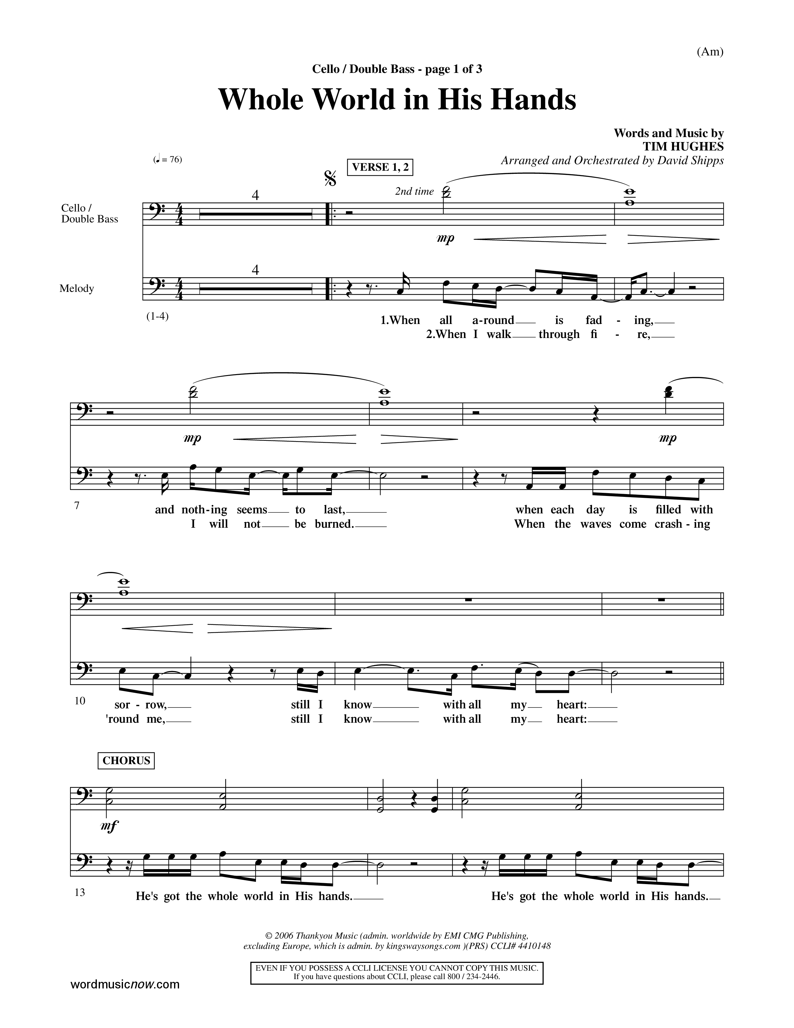 Whole World In His Hands (Choral Anthem SATB) Cello/Bass (Word Music Choral / Arr. David Shipps)