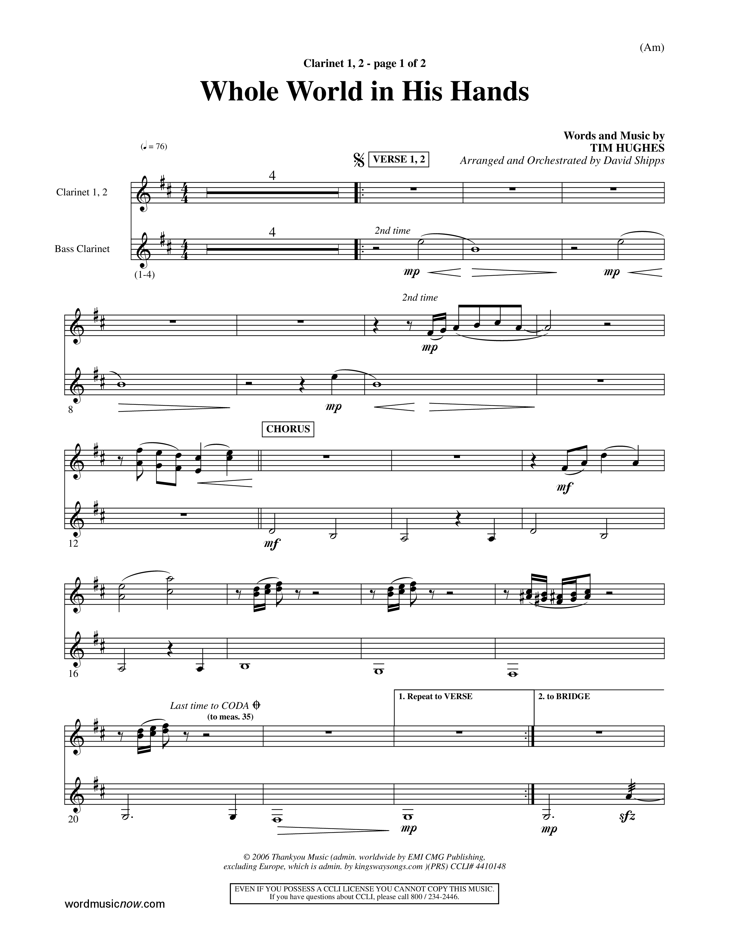 Whole World In His Hands (Choral Anthem SATB) Clarinet 1/2 (Word Music Choral / Arr. David Shipps)
