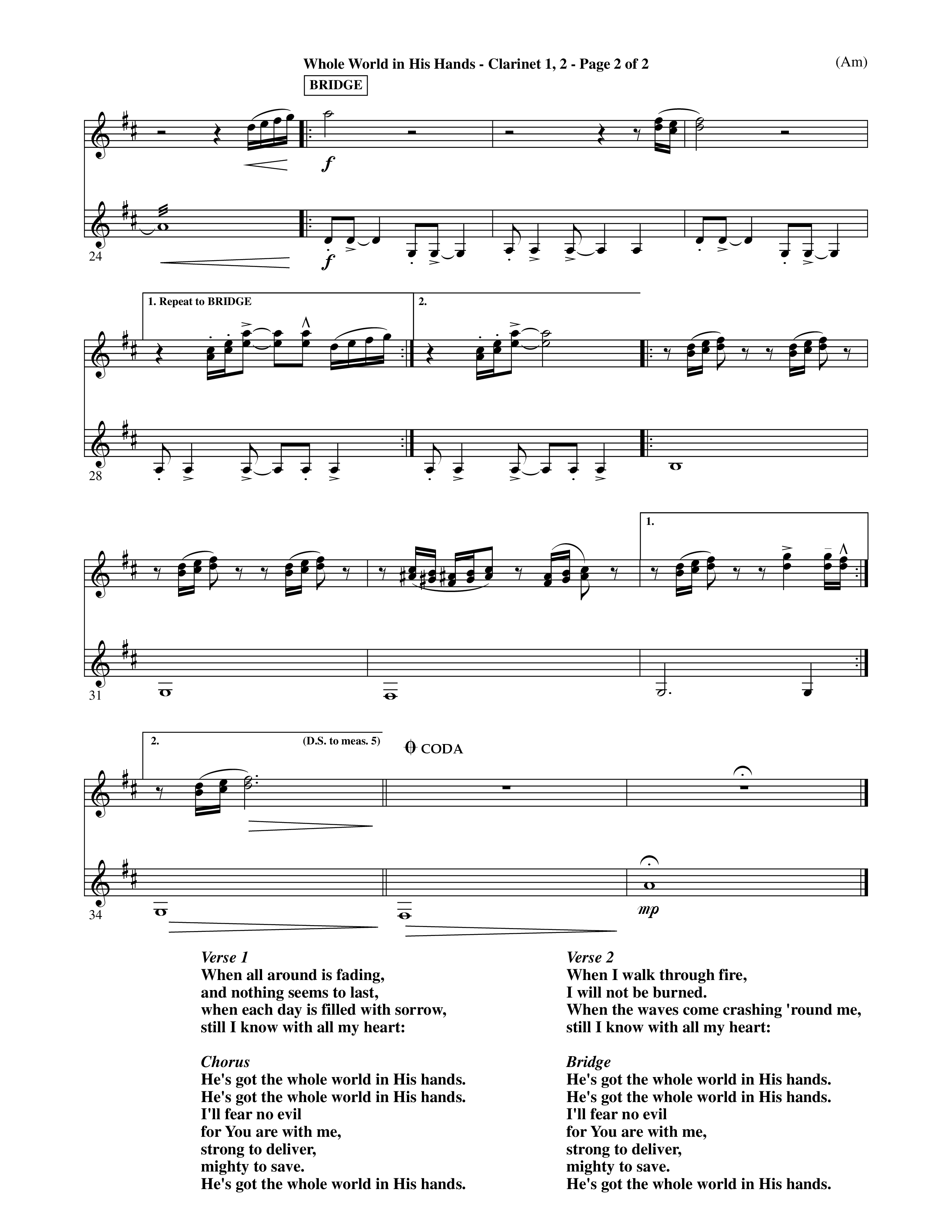 Whole World In His Hands (Choral Anthem SATB) Clarinet 1/2 (Word Music Choral / Arr. David Shipps)