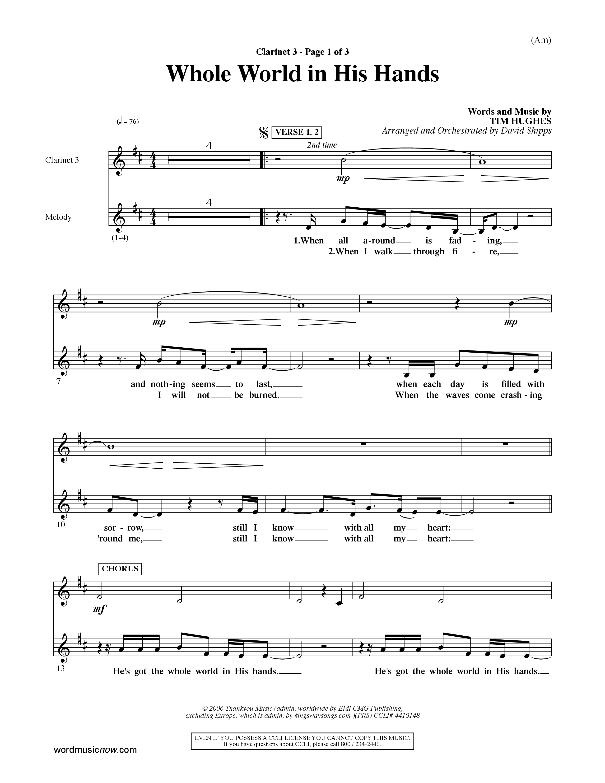 Whole World In His Hands (Choral Anthem SATB) Clarinet 3 (Word Music Choral / Arr. David Shipps)