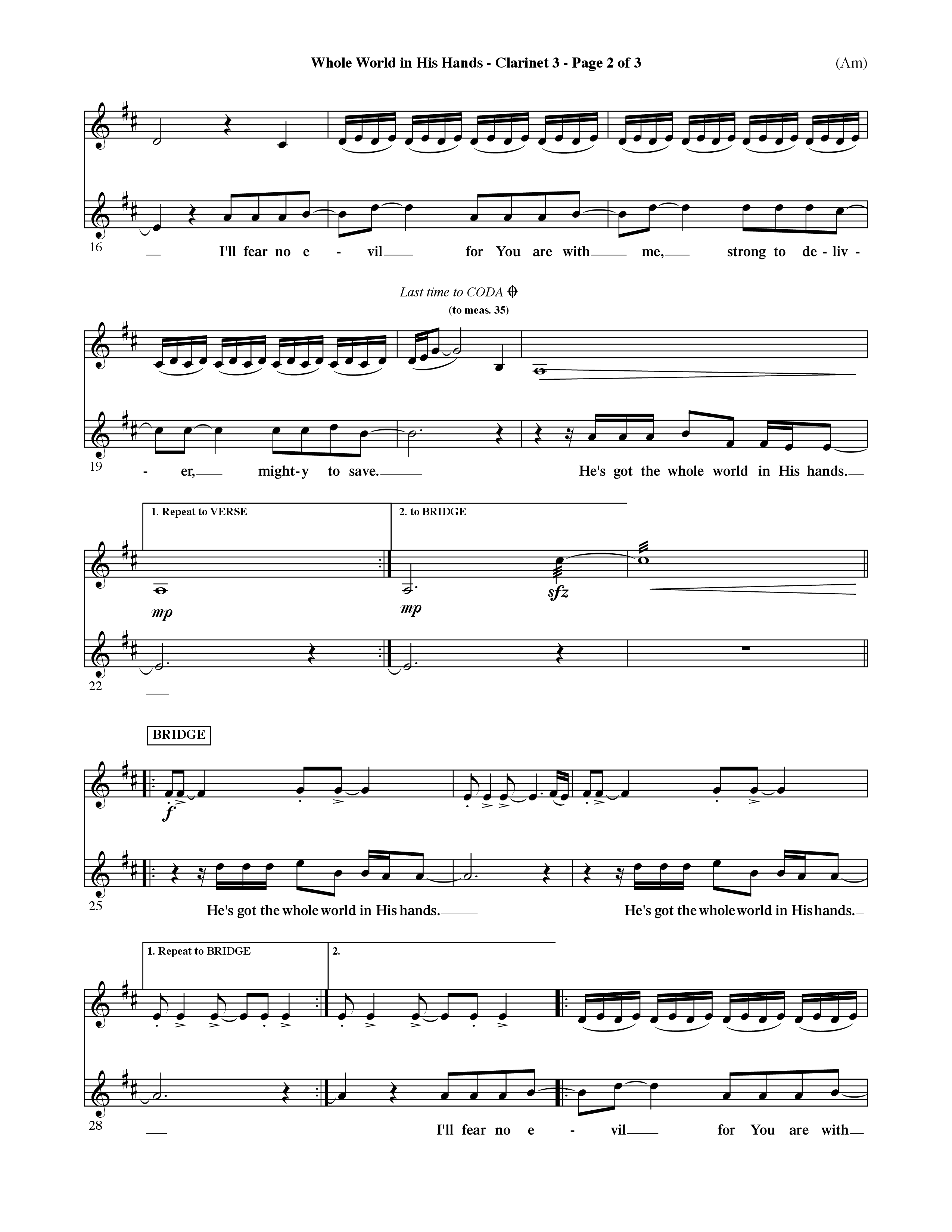 Whole World In His Hands (Choral Anthem SATB) Clarinet 3 (Word Music Choral / Arr. David Shipps)