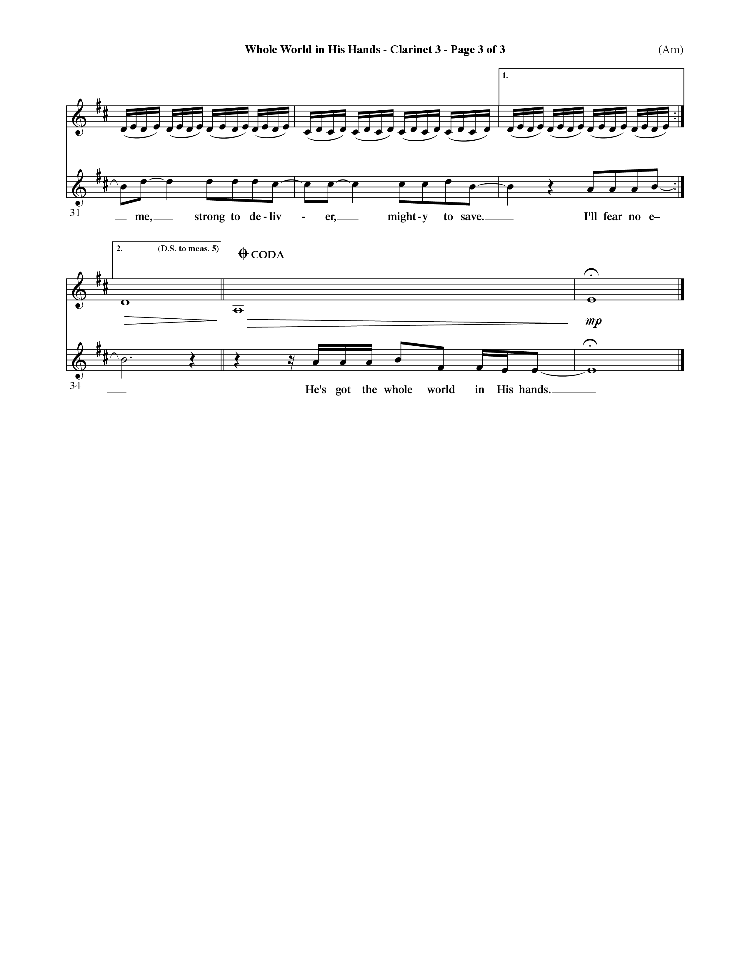 Whole World In His Hands (Choral Anthem SATB) Clarinet 3 (Word Music Choral / Arr. David Shipps)