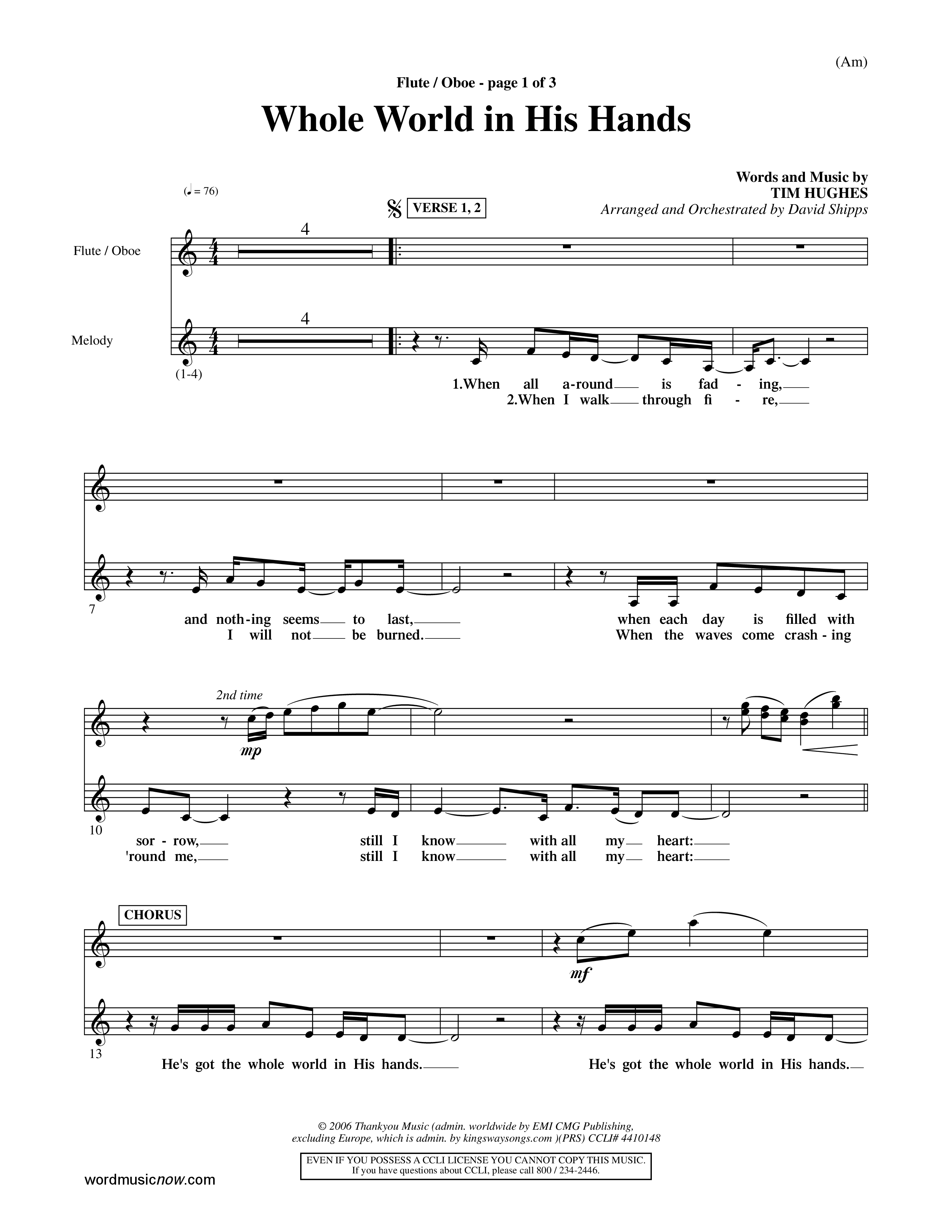 Whole World In His Hands (Choral Anthem SATB) Flute/Oboe (Word Music Choral / Arr. David Shipps)