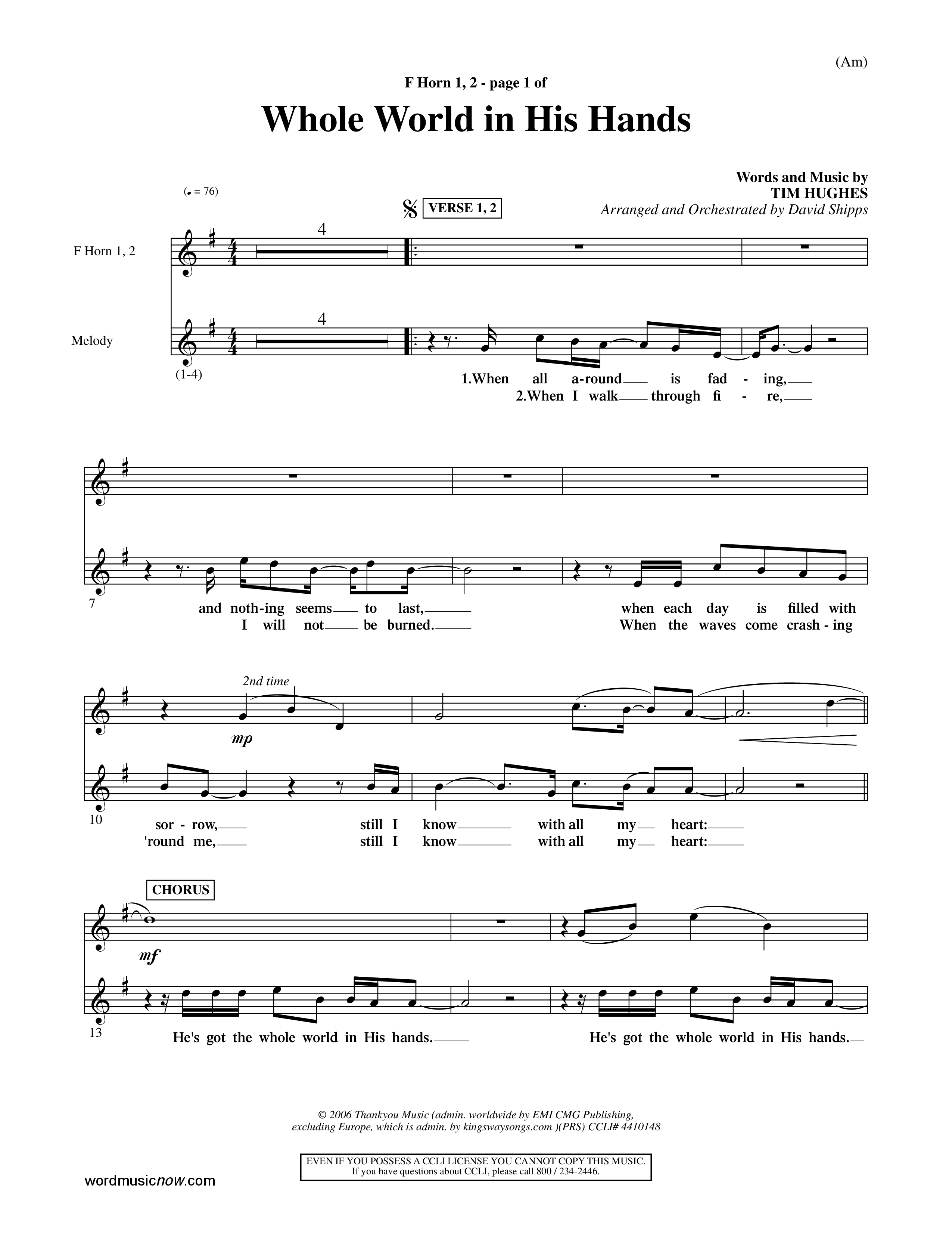 Whole World In His Hands (Choral Anthem SATB) French Horn (Word Music Choral / Arr. David Shipps)