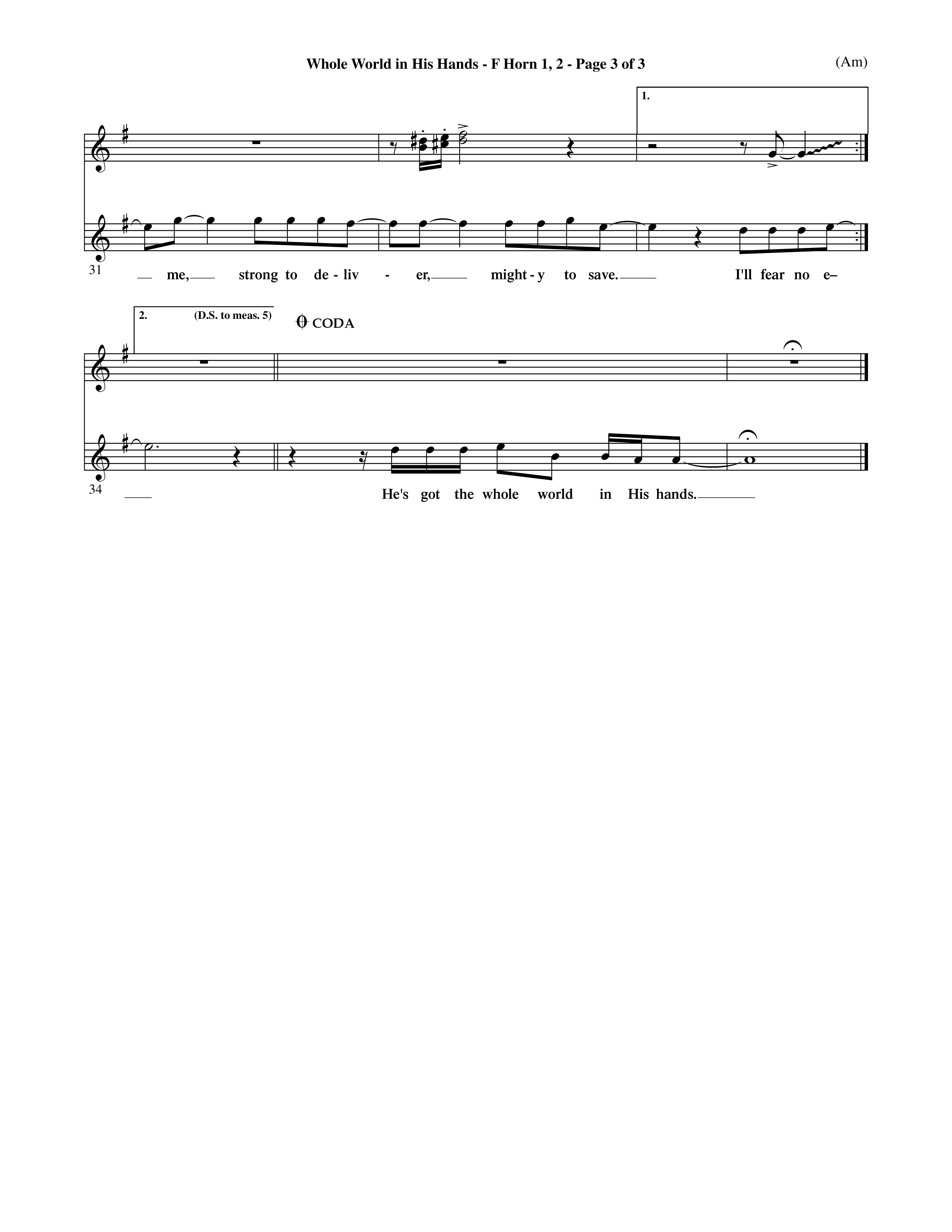 Whole World In His Hands (Choral Anthem SATB) French Horn (Word Music Choral / Arr. David Shipps)