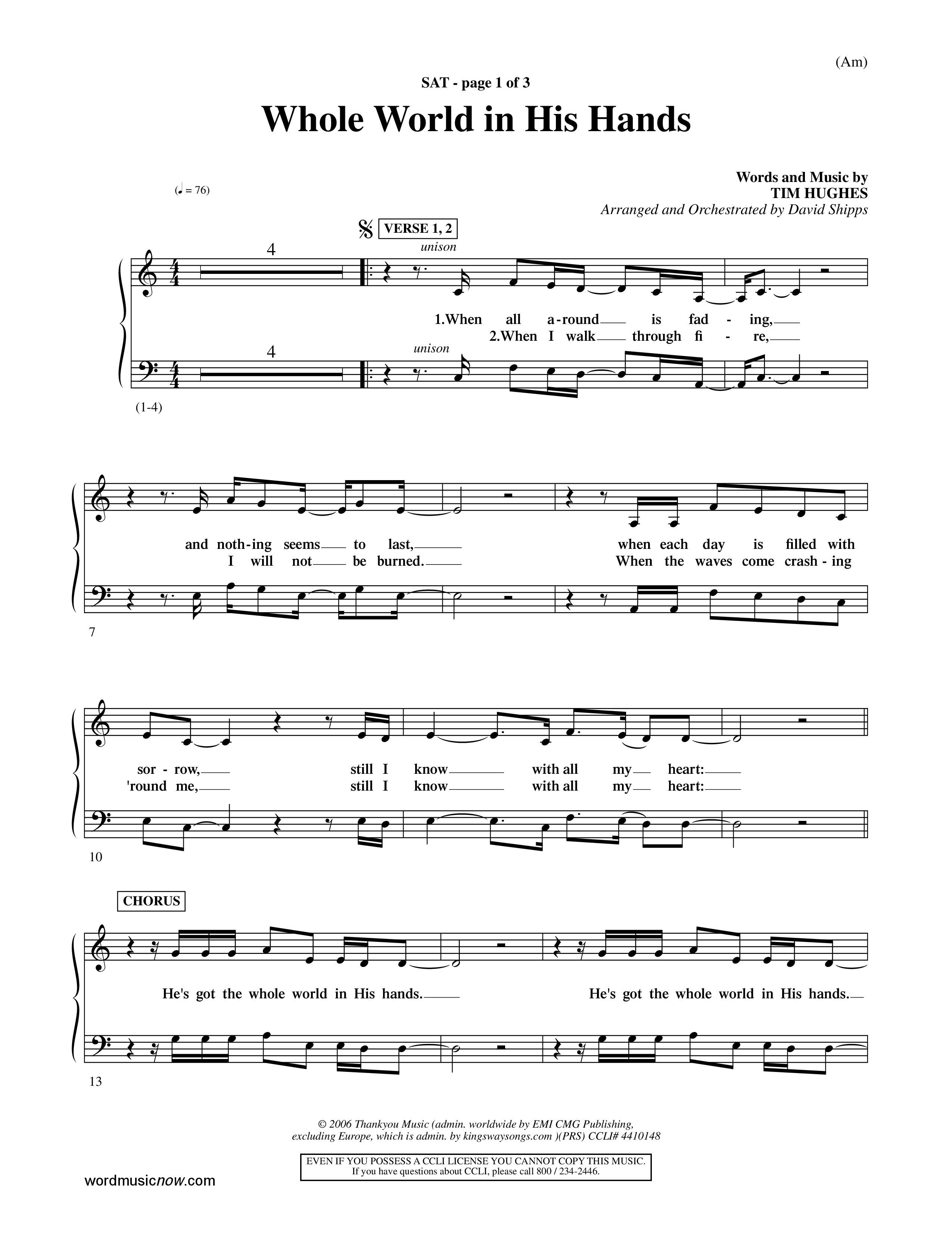 Whole World In His Hands (Choral Anthem SATB) Lead Sheet (SAT) (Word Music Choral / Arr. David Shipps)