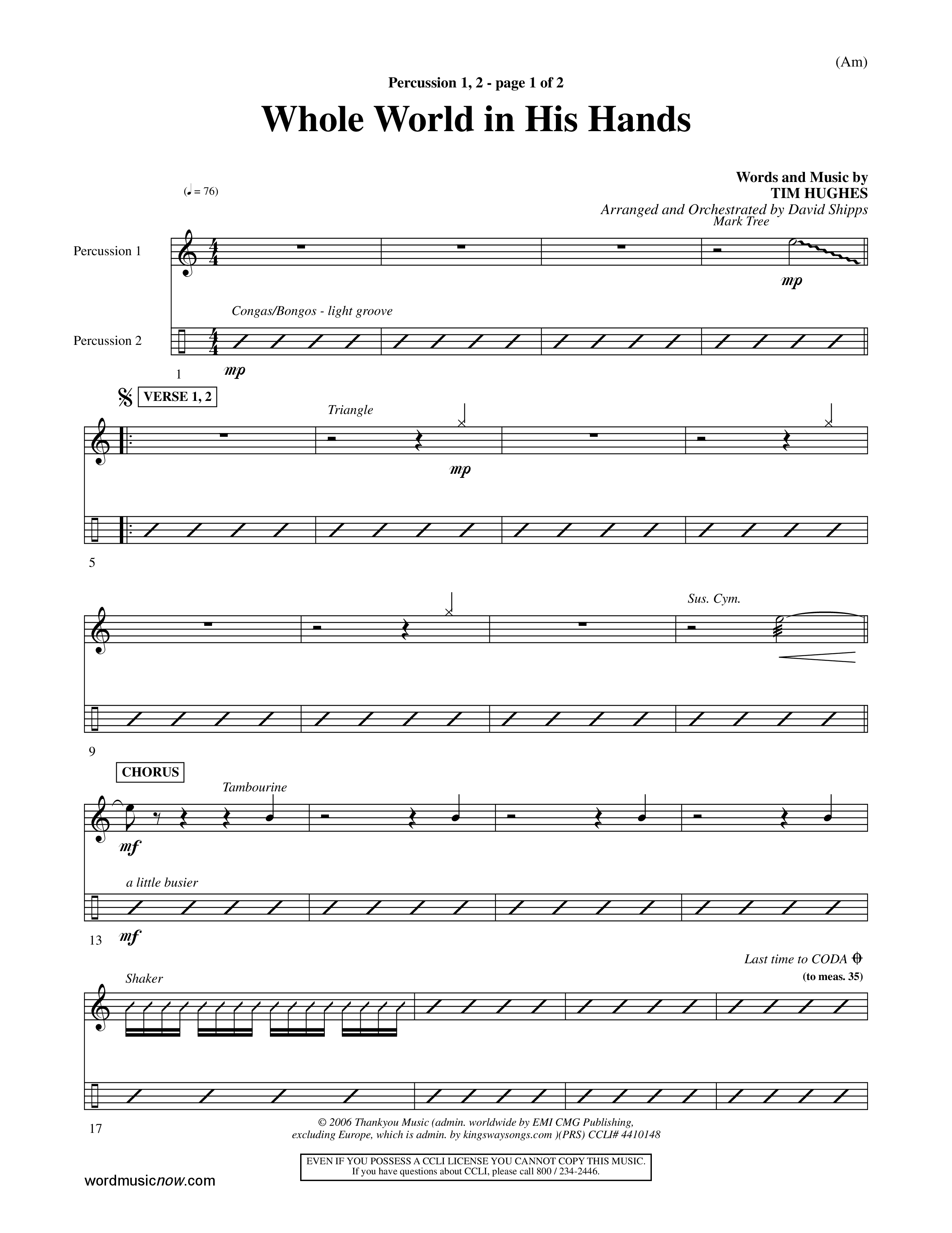 Whole World In His Hands (Choral Anthem SATB) Percussion 1/2 (Word Music Choral / Arr. David Shipps)
